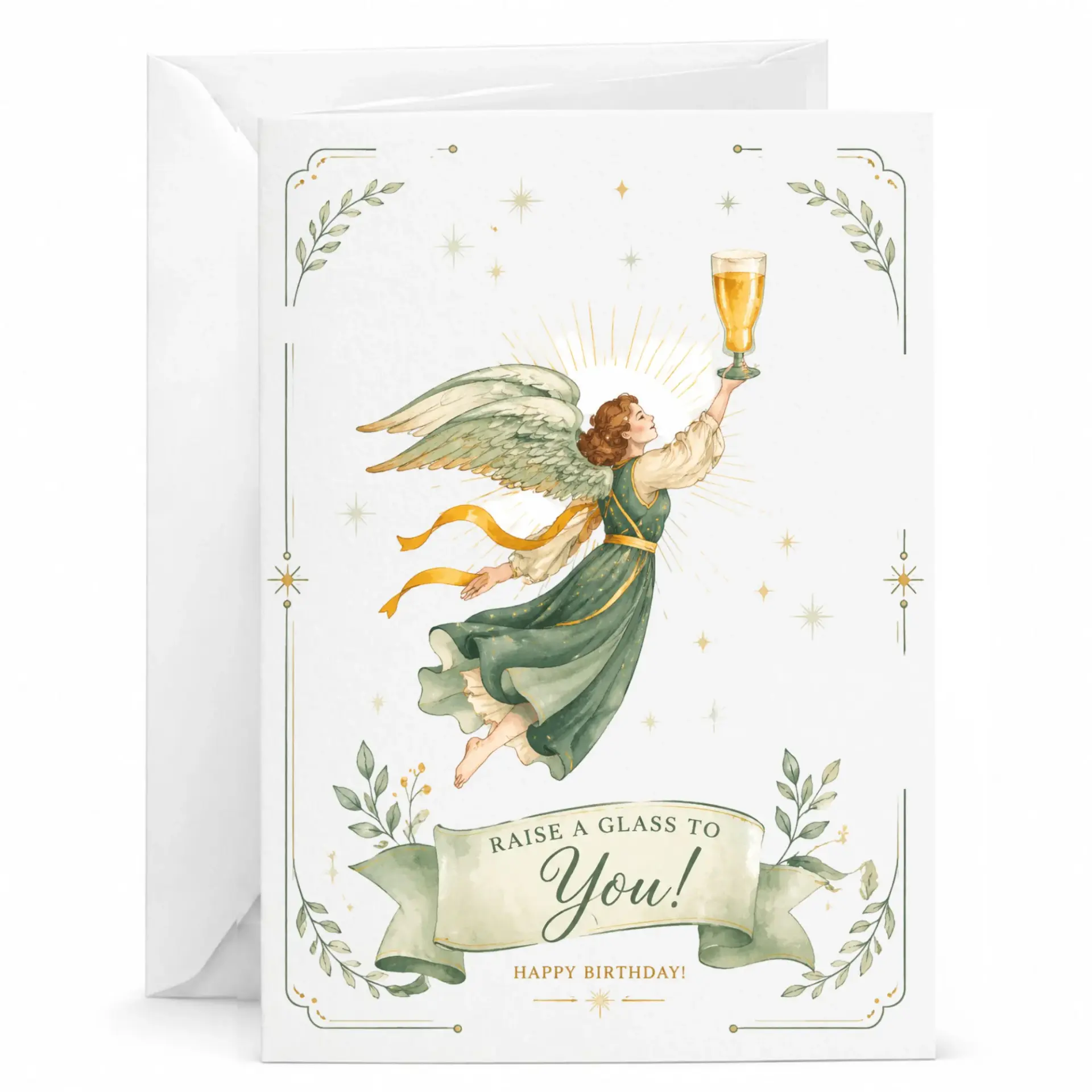 Birthday Card Featuring Angel Toasting with a Glass for Celebratory Greeting and Personalized Birthday Wishes 5x7 Inches
