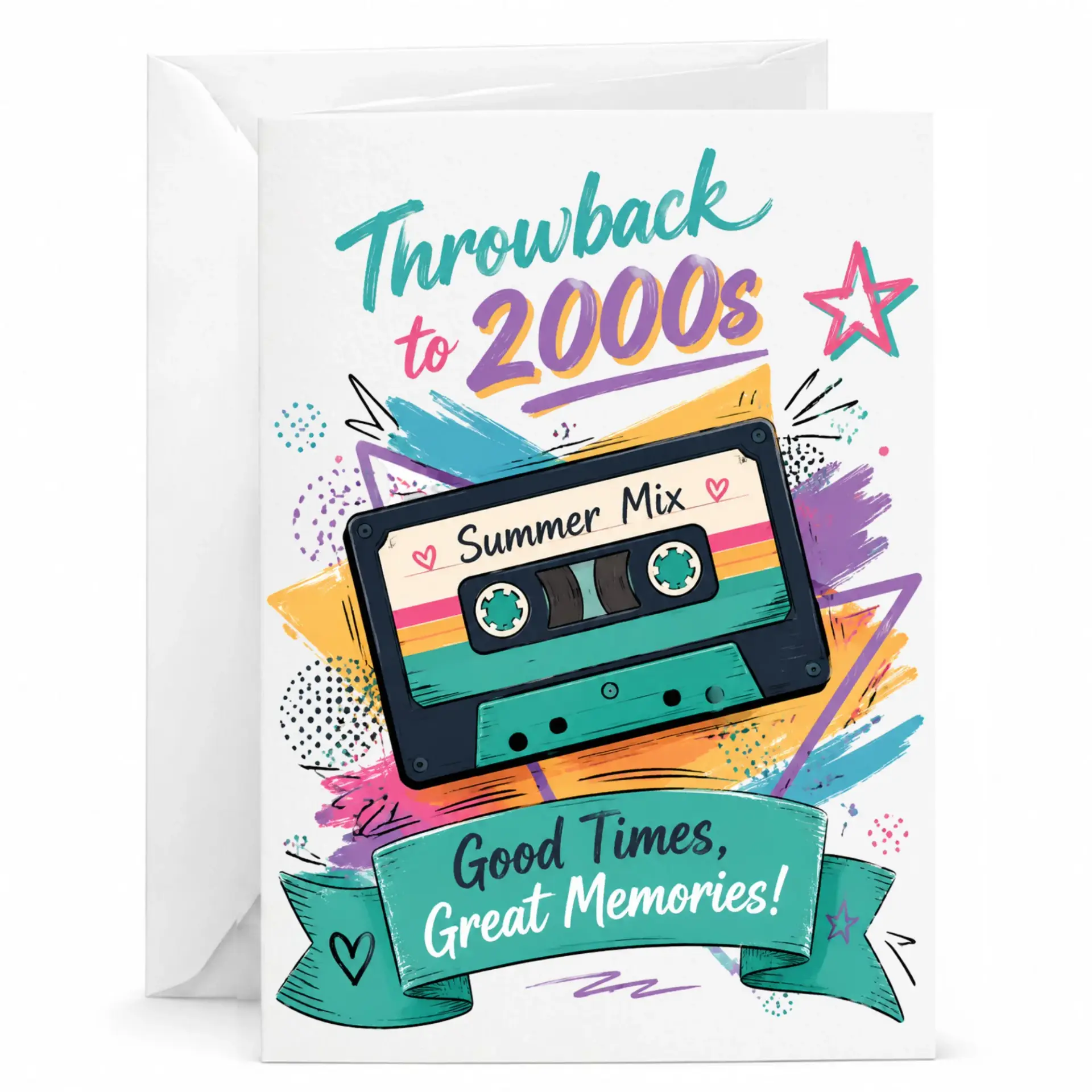 Throwback to 2000s Nostalgic Cassette Tape Greeting Card for Birthday or Celebration with Matching White Envelope