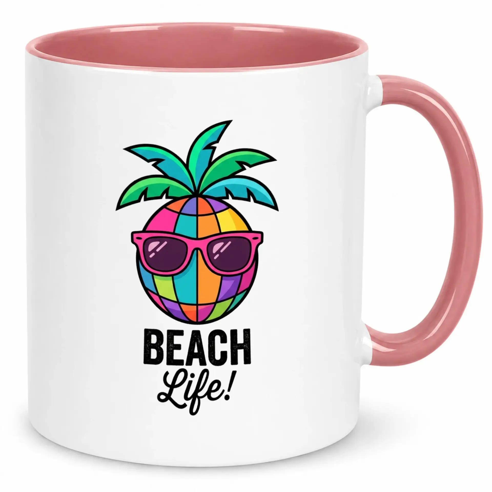Colorful Beach Life Pineapple Ceramic Coffee Mug with Sunglasses Design, Fun Tropical Drinkware for Summer Vacation & Home or Office Use