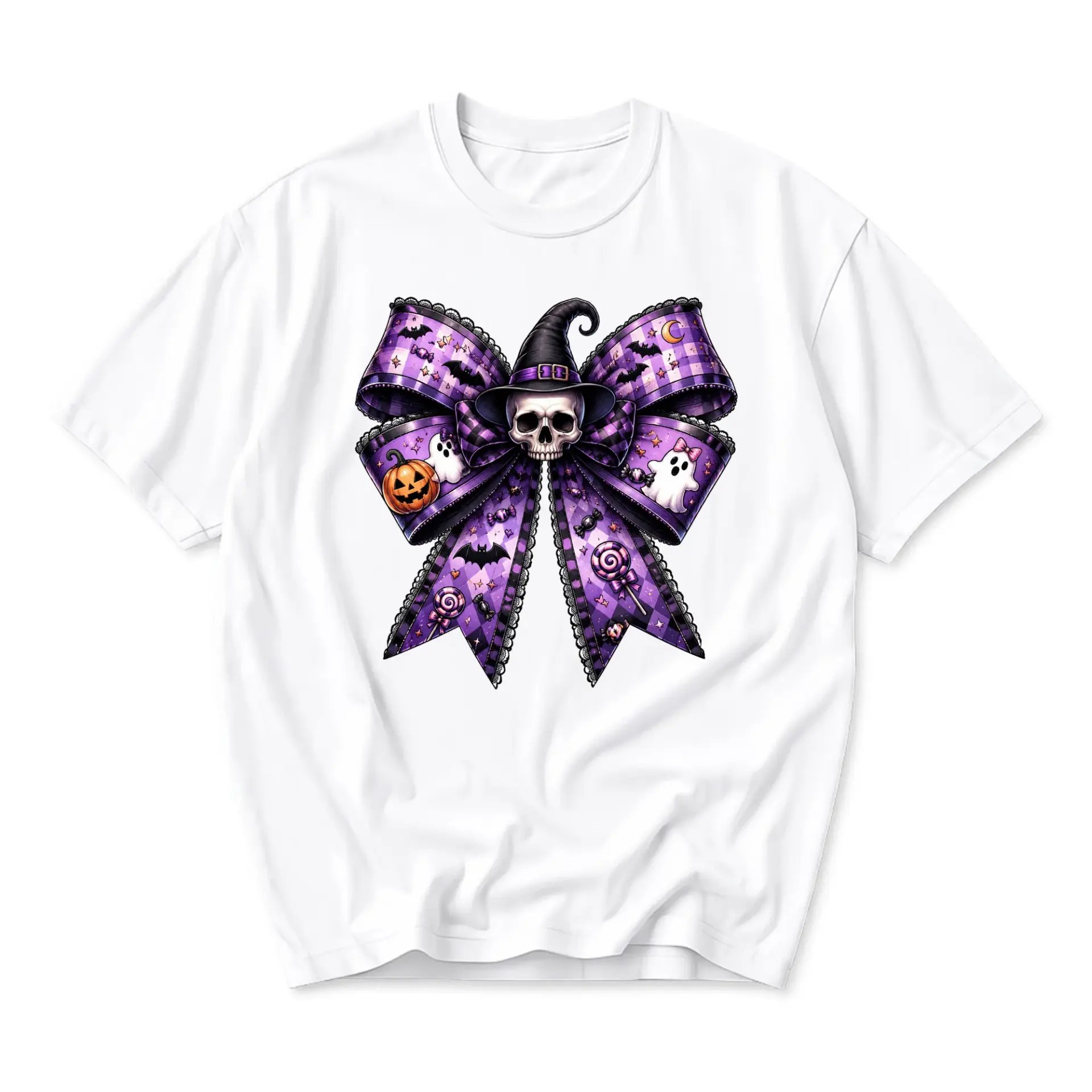 Graphic Tee Unisex Halloween Skull Witch Hat Bow Shirt Spooky Purple Plaid Seasonal Festive Crew Neck Short Sleeve