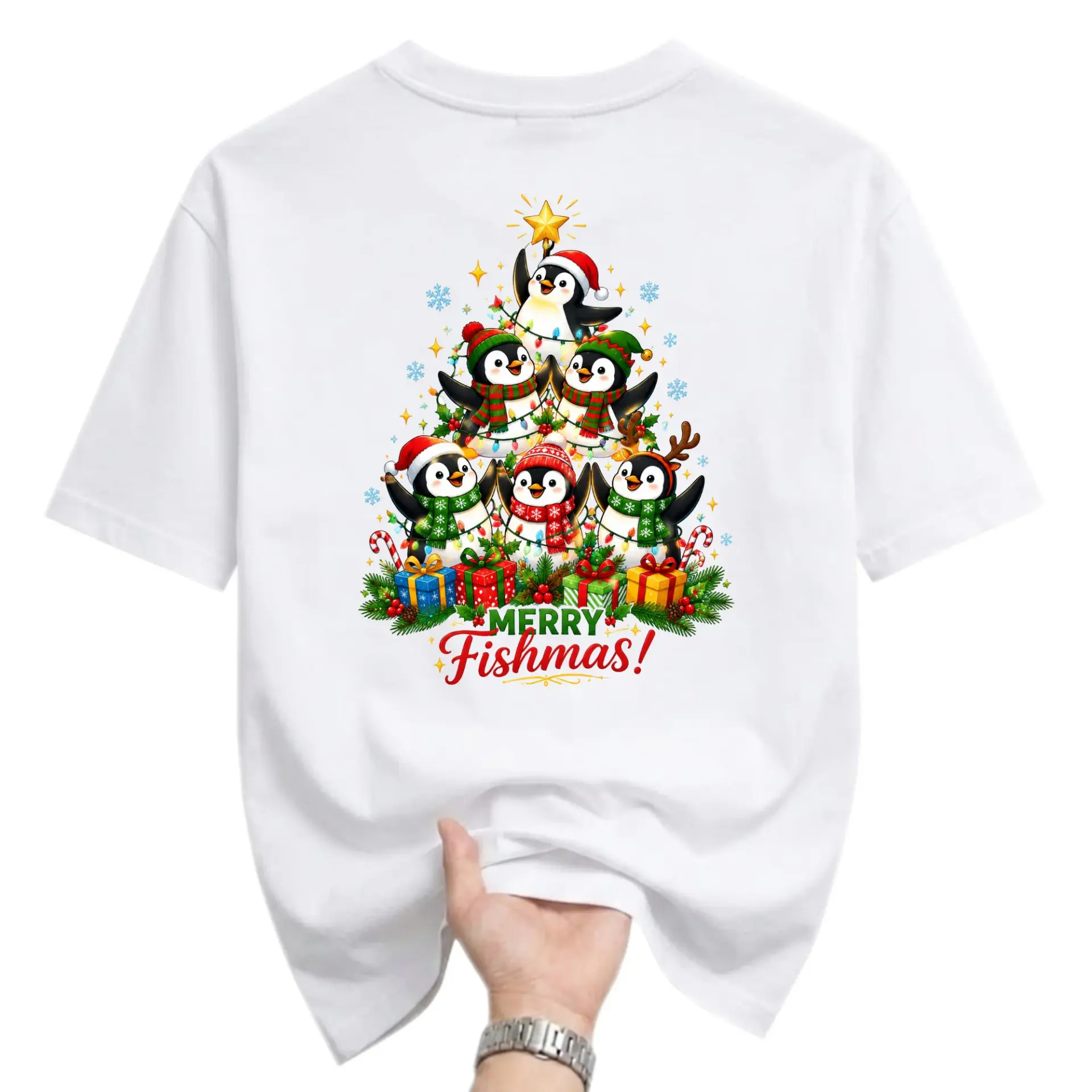 Funny Shirt Merry Fishmas Penguin Holiday Tree Unisex Graphic Printed