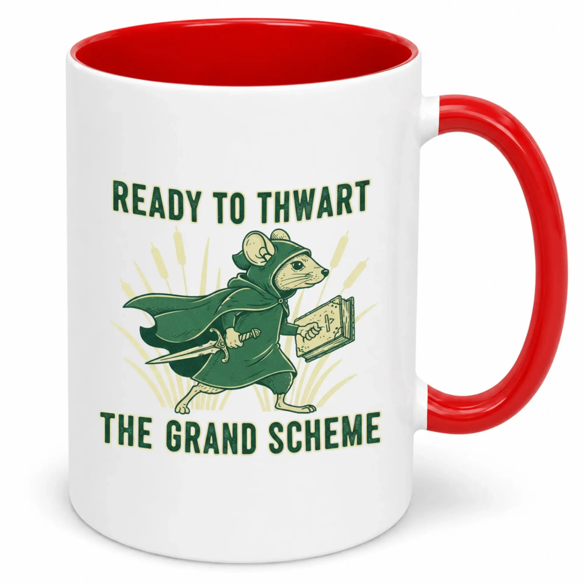 Adventuring Mouse Ceramic Coffee Mug Ready to Thwart the Grand Scheme Fantasy Themed Drinkware 11oz or 15oz White & Red Handle