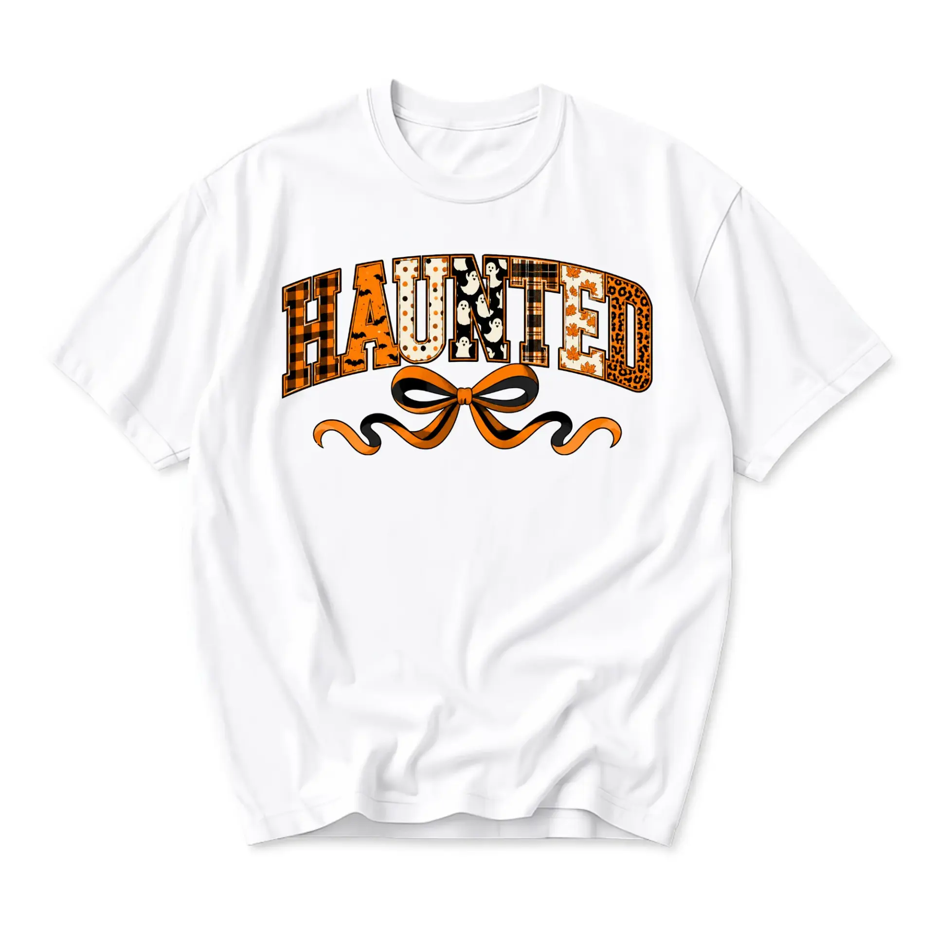 Graphic Tee Haunted Seasonal Print Unisex Crew Neck Shirt for Casual Wear Comfortable Everyday Fall Apparel White