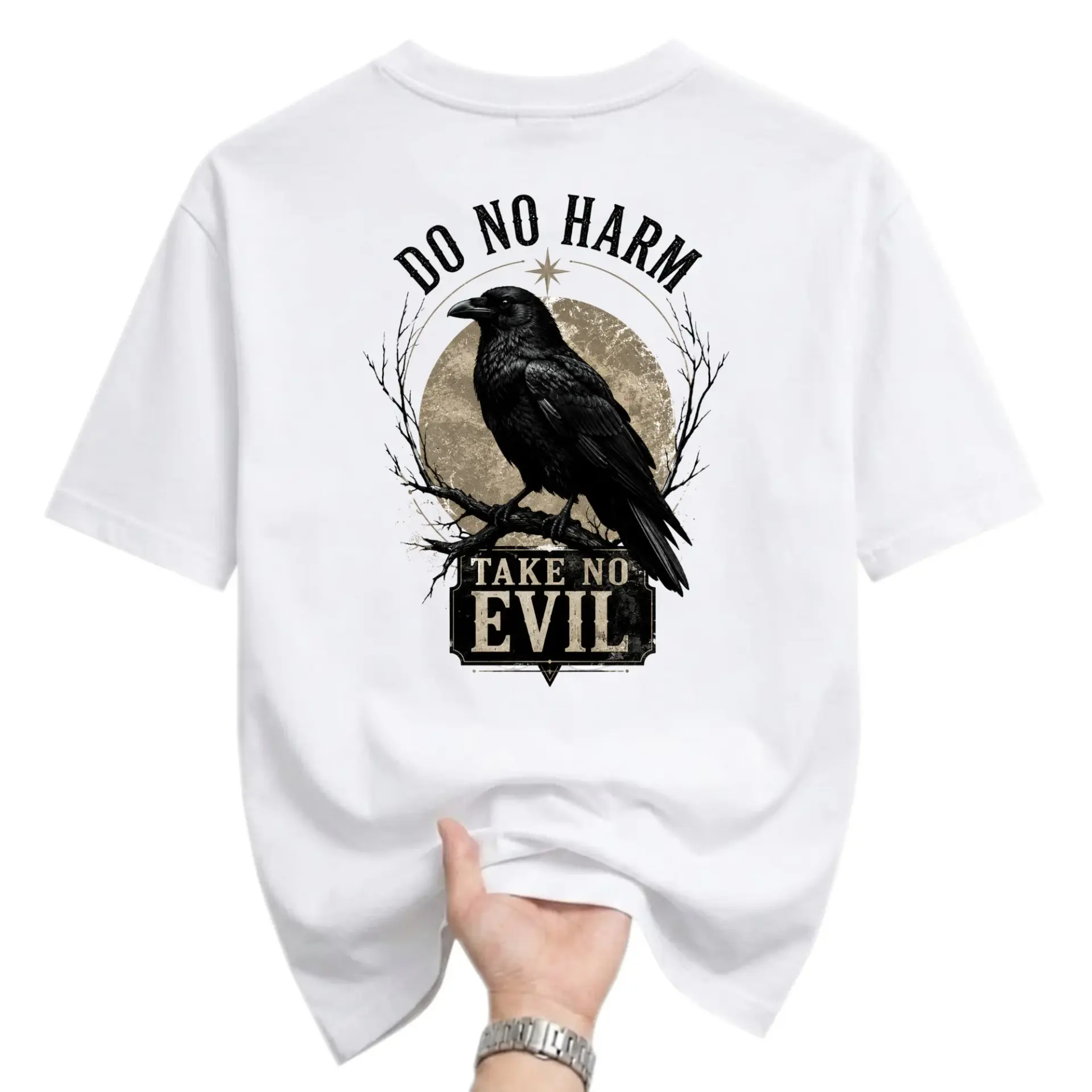 Graphic Tee Do No Harm Take No Evil Raven Design Unisex Crew Neck Short Sleeve Casual Cotton Blend Shirt White