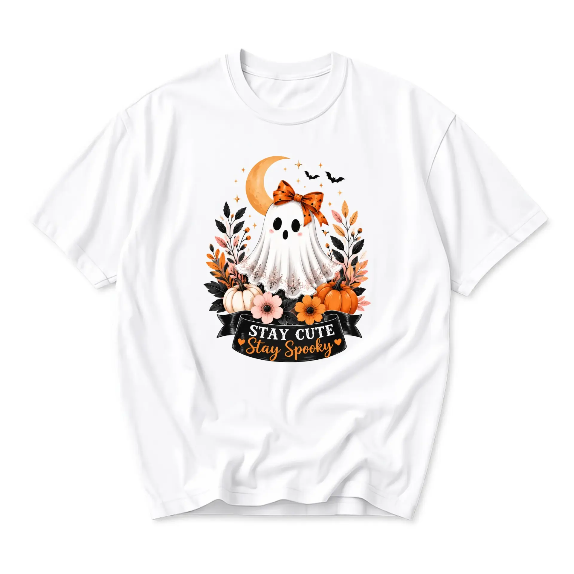 Graphic Tee Stay Cute Stay Spooky Ghost Halloween Pumpkin Autumn Fall Season Unisex Casual Crew Neck T-Shirt White