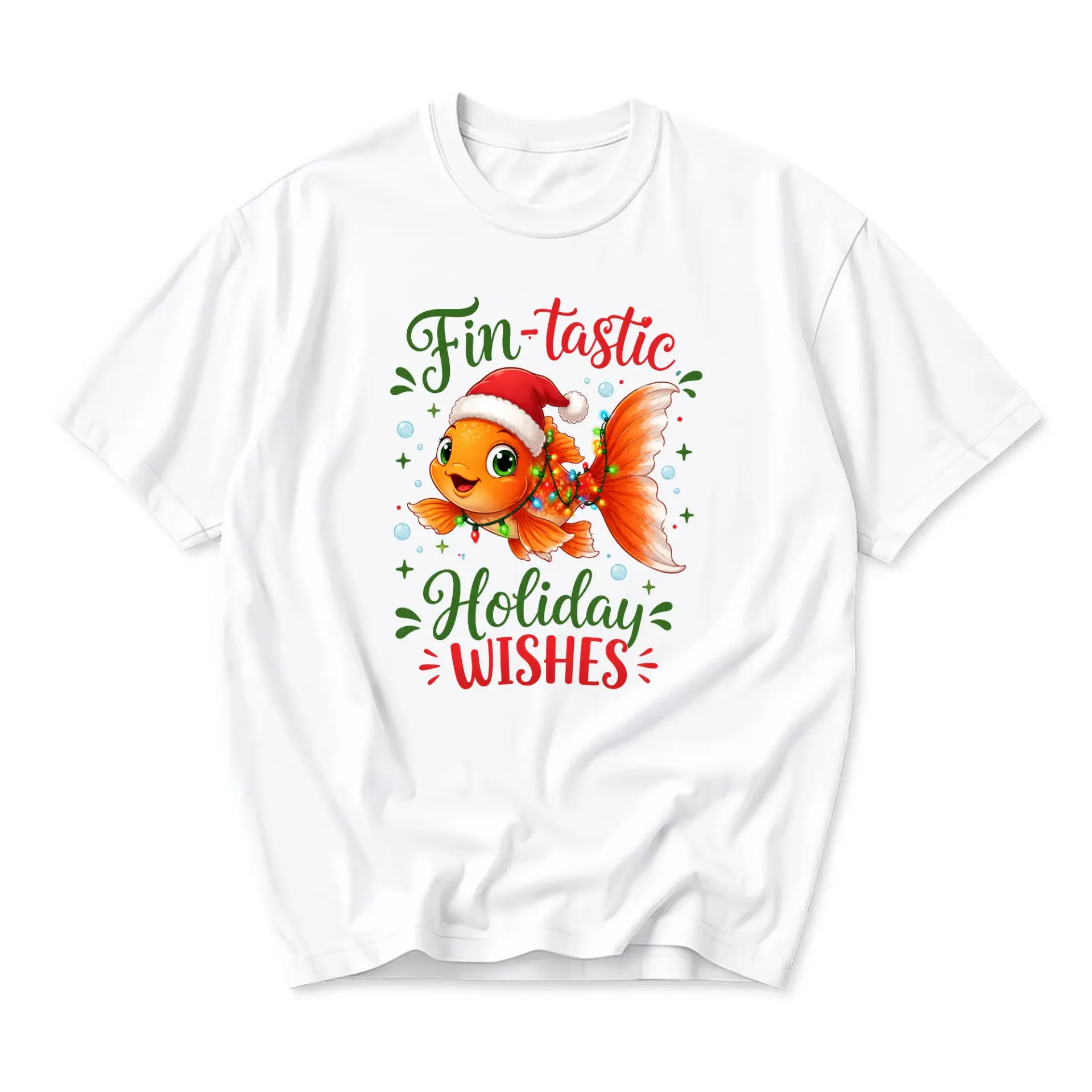Funny Shirt Fin-Tastic Holiday Wishes Goldfish Unisex Graphic Printed T-Shirt Soft Cotton Crew Neck Casual Top
