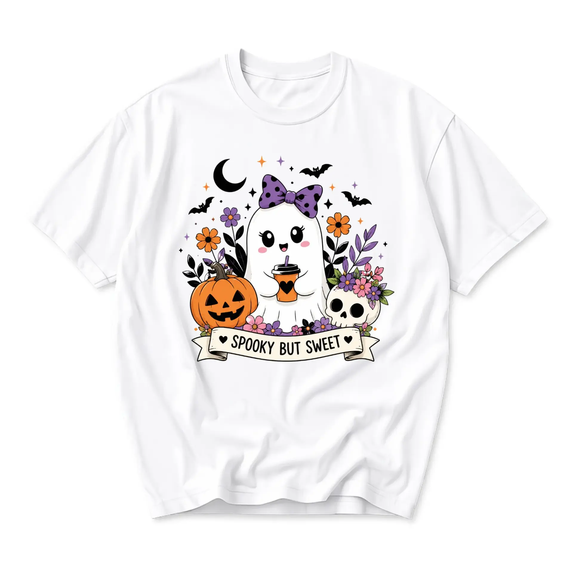 Graphic Tee Spooky but Sweet Ghost Fall Pumpkin Floral Unisex Crew Neck Short Sleeve Casual Cotton Blend T-Shirt
