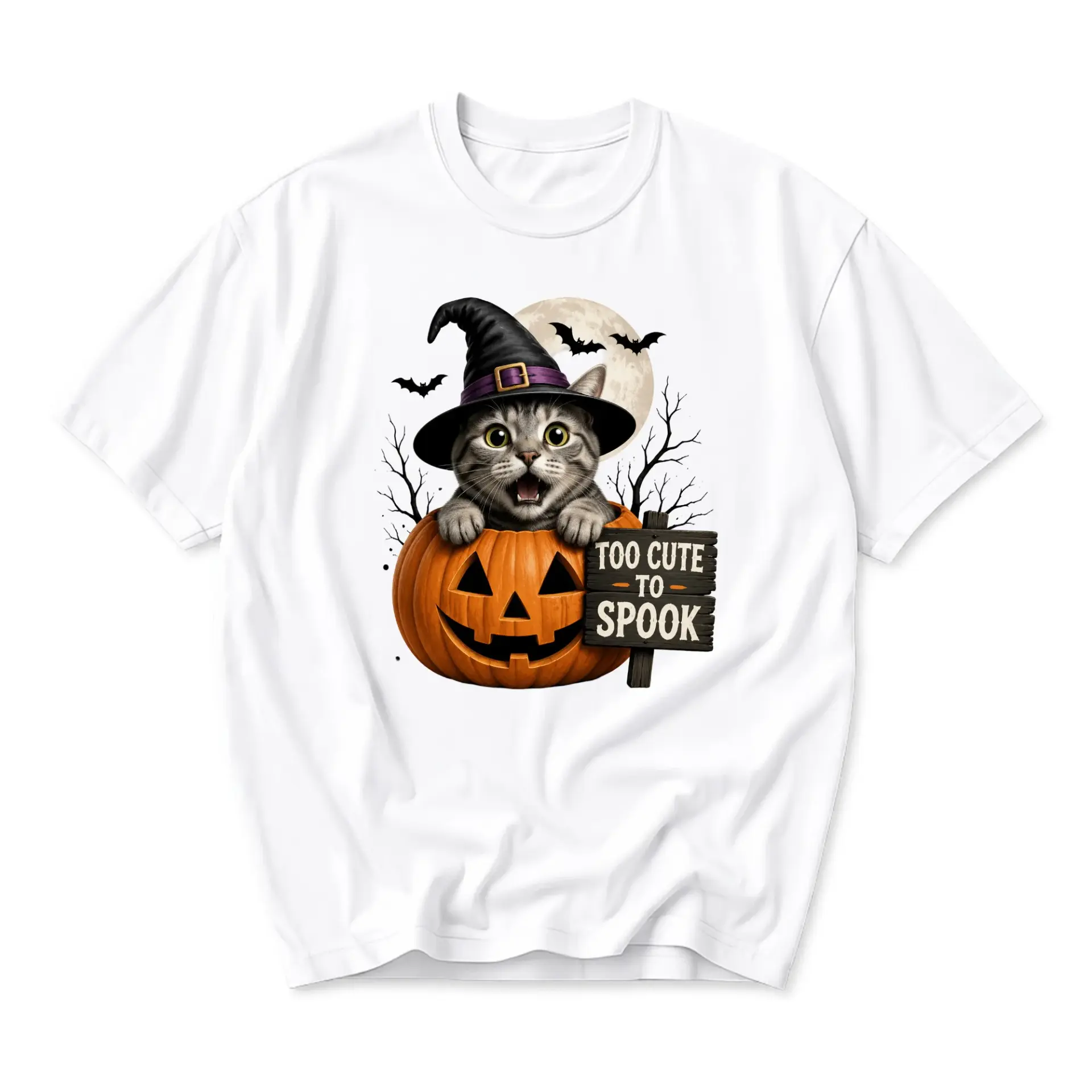 Funny Shirt Too Cute to Spook Halloween Graphic Tee with a Whimsical Witch Hat Cat Inside a Jack O Lantern Pumpkin