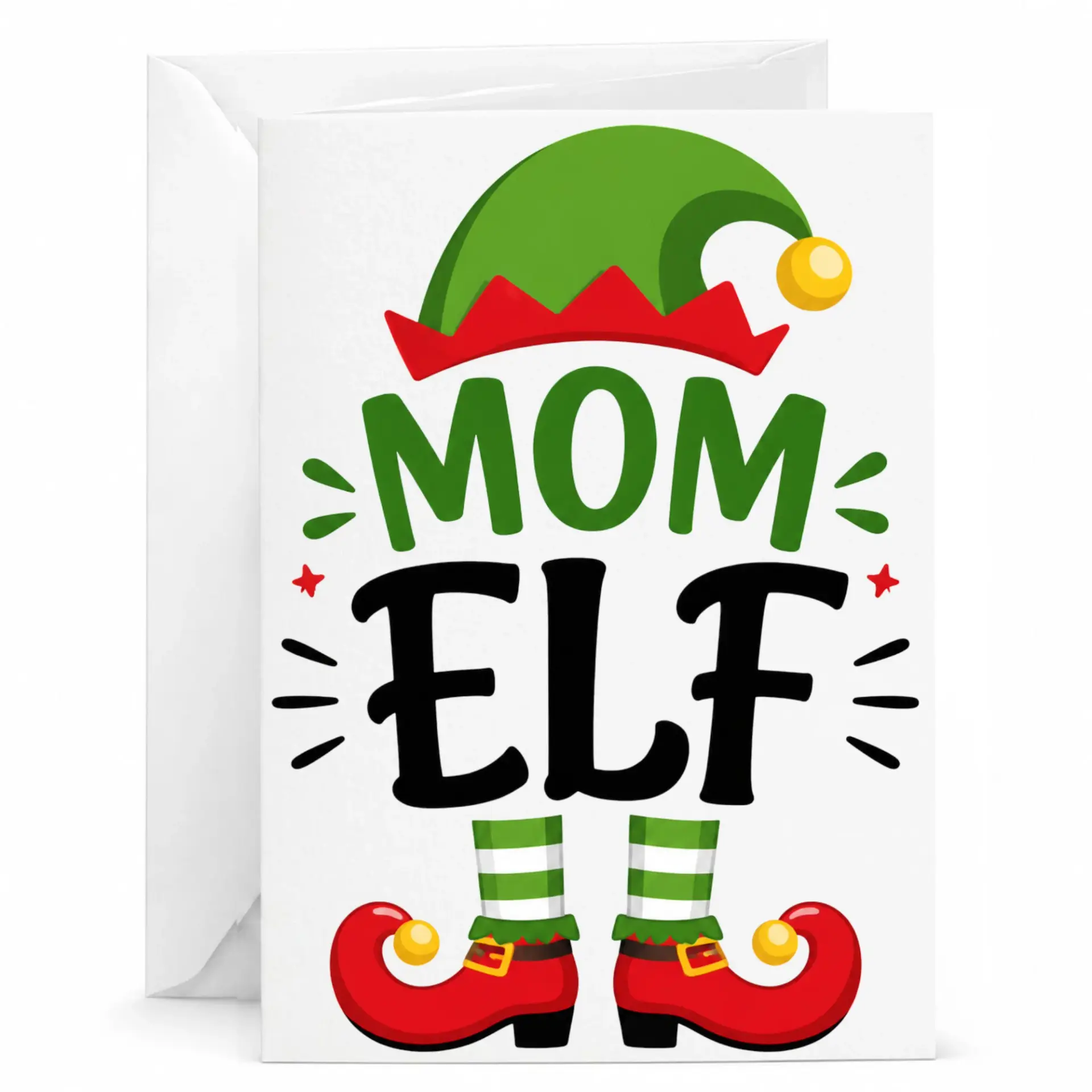 Funny Mom Elf Holiday Greeting Card, Festive Christmas Theme Stationery for Mothers, 5x7 Inch Folded Card with Envelope