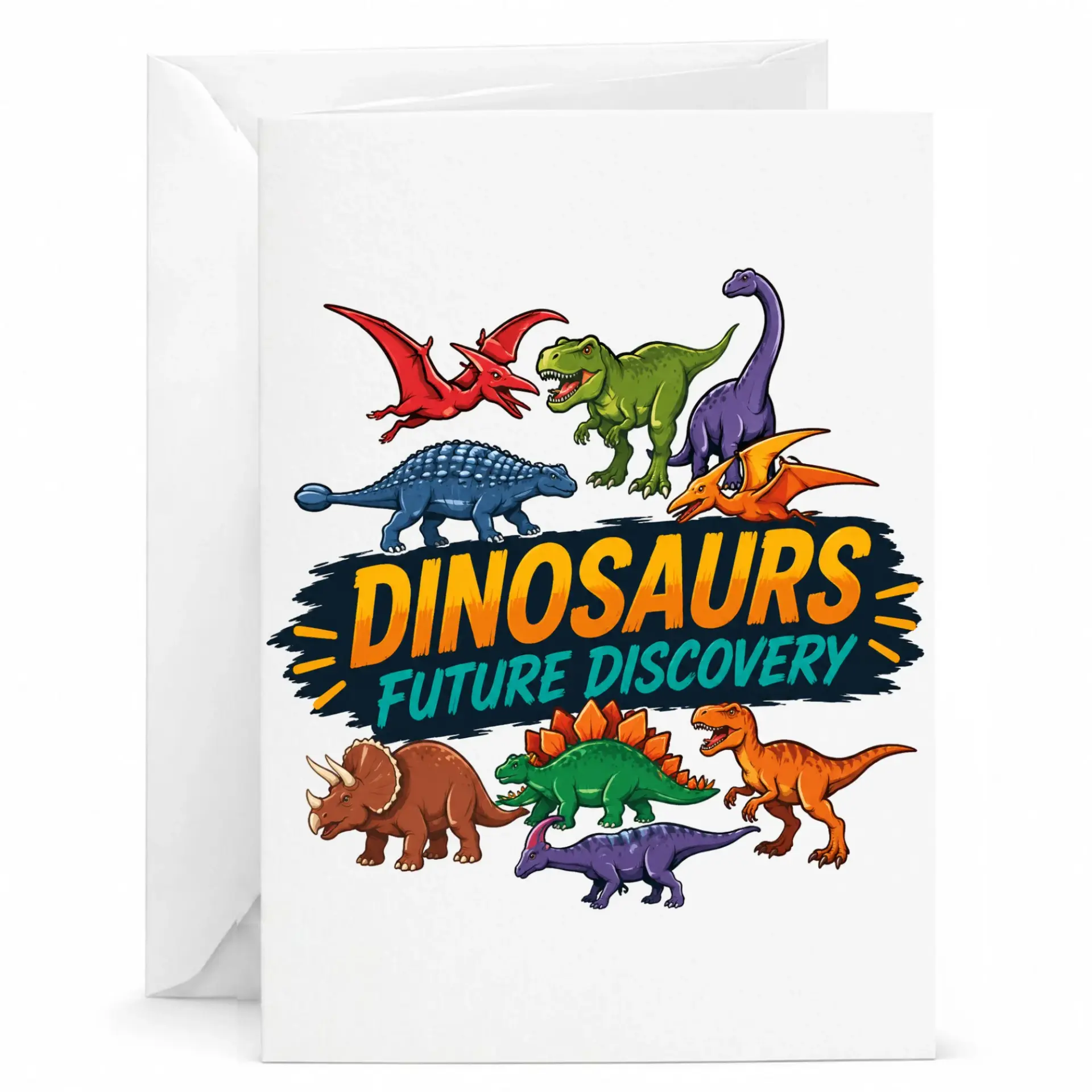 Greeting Card Dinosaurs Future Discovery Illustration for Enthusiasts Featuring Colorful Prehistoric Reptile Art