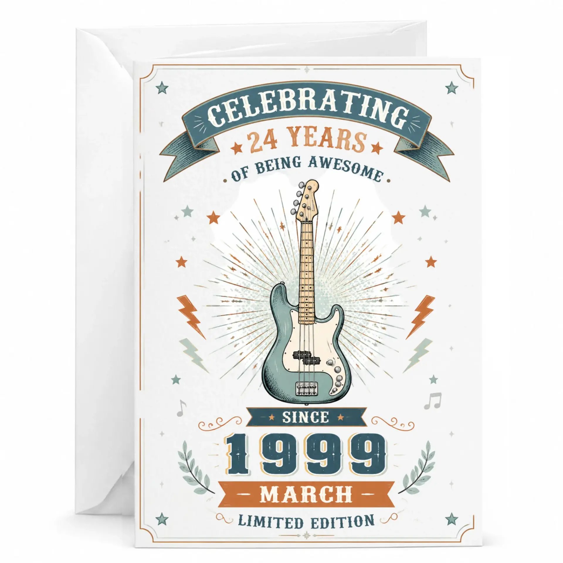 Birthday Card Celebrating 24 Years of Being Awesome Vintage Electric Bass Guitar Design Printed Greeting Card 5x7 Inch