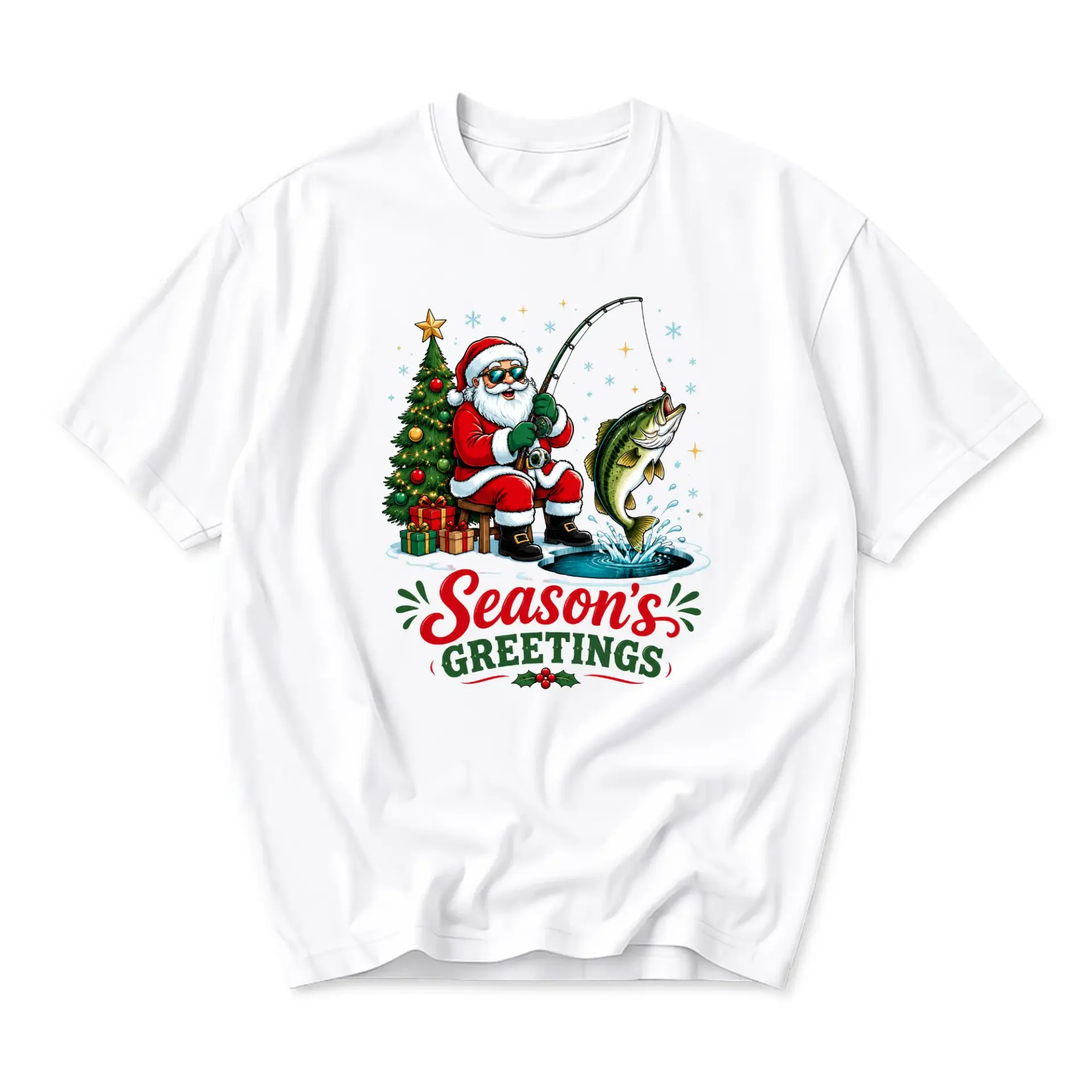 Funny Shirt Season's Greetings Fishing Santa Claus Graphic Tee Unisex