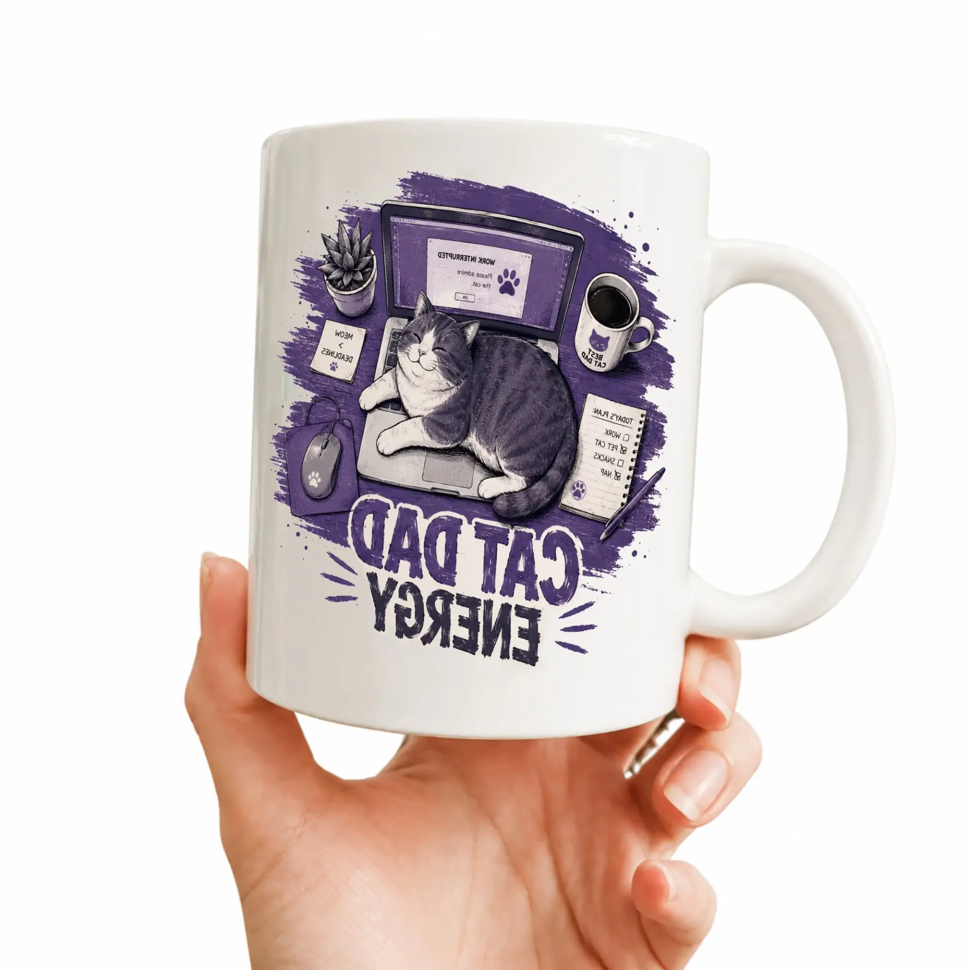 Cat Dad Energy Coffee Mug Funny Office Desk Ceramic Cup Featuring a Sleeping Pet Owner Novelty Drinkware Gift
