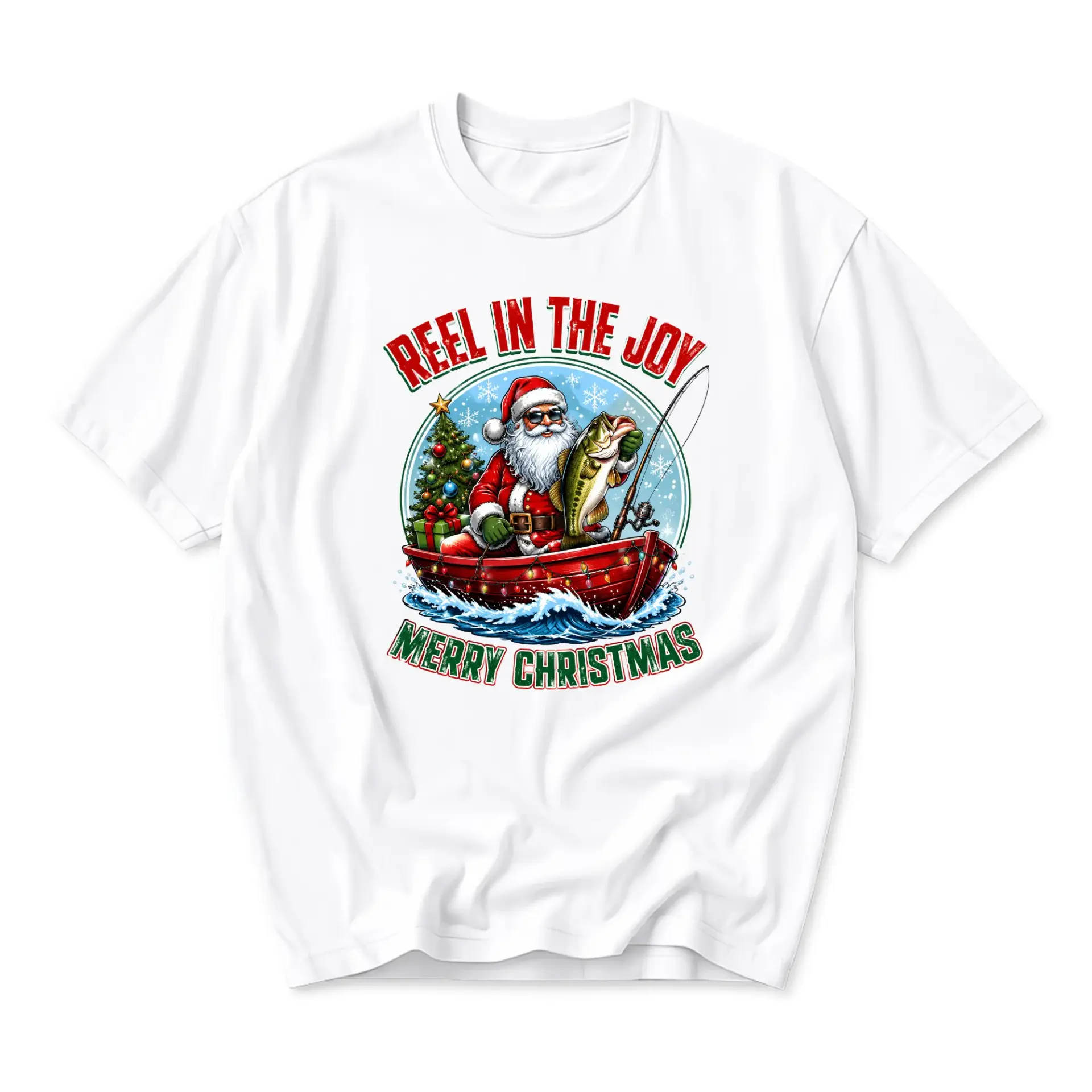 Funny Shirt Reel in the Joy Santa Fishing Graphic Tee Holiday Seasonal