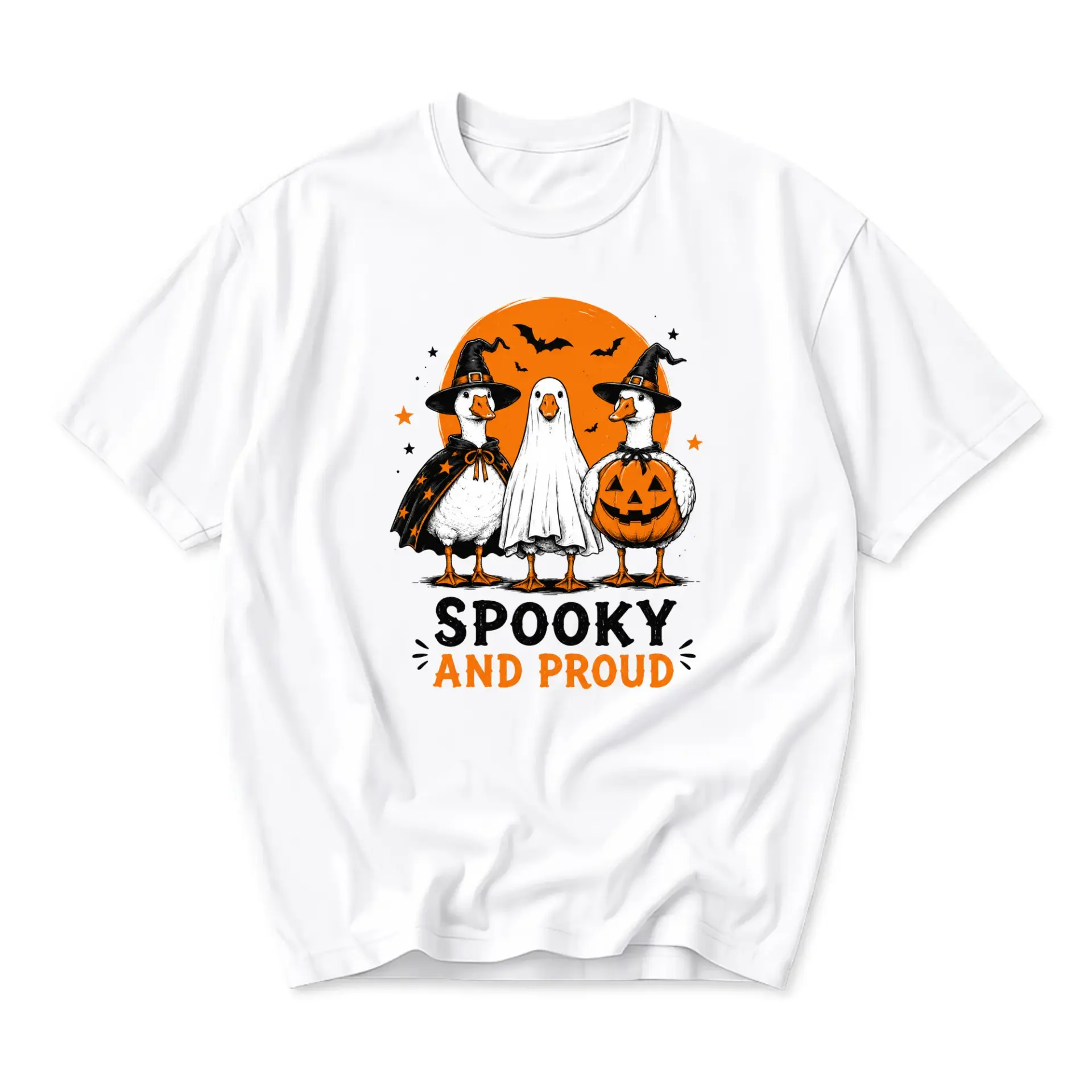 Funny Shirt Spooky and Proud Halloween Duck Graphic Tee Unisex Casual Cotton Crew Neck Top for Fall Season Apparel
