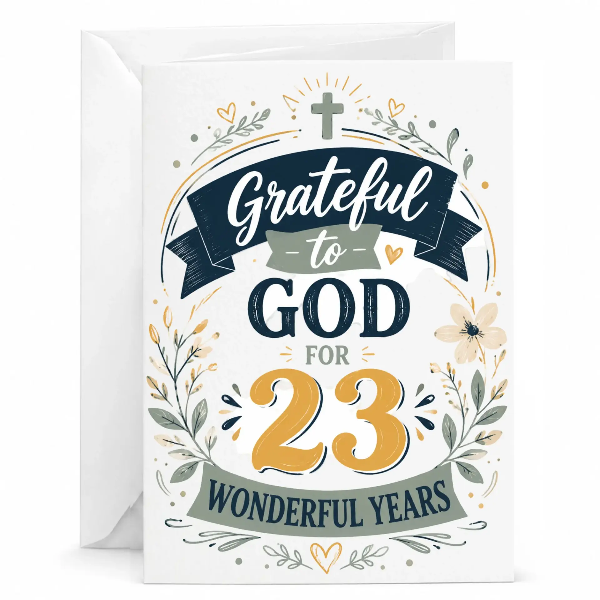 Greeting Card Grateful to God for 23 Wonderful Years Floral Design for Birthday Anniversary Celebration 5x7 Inches