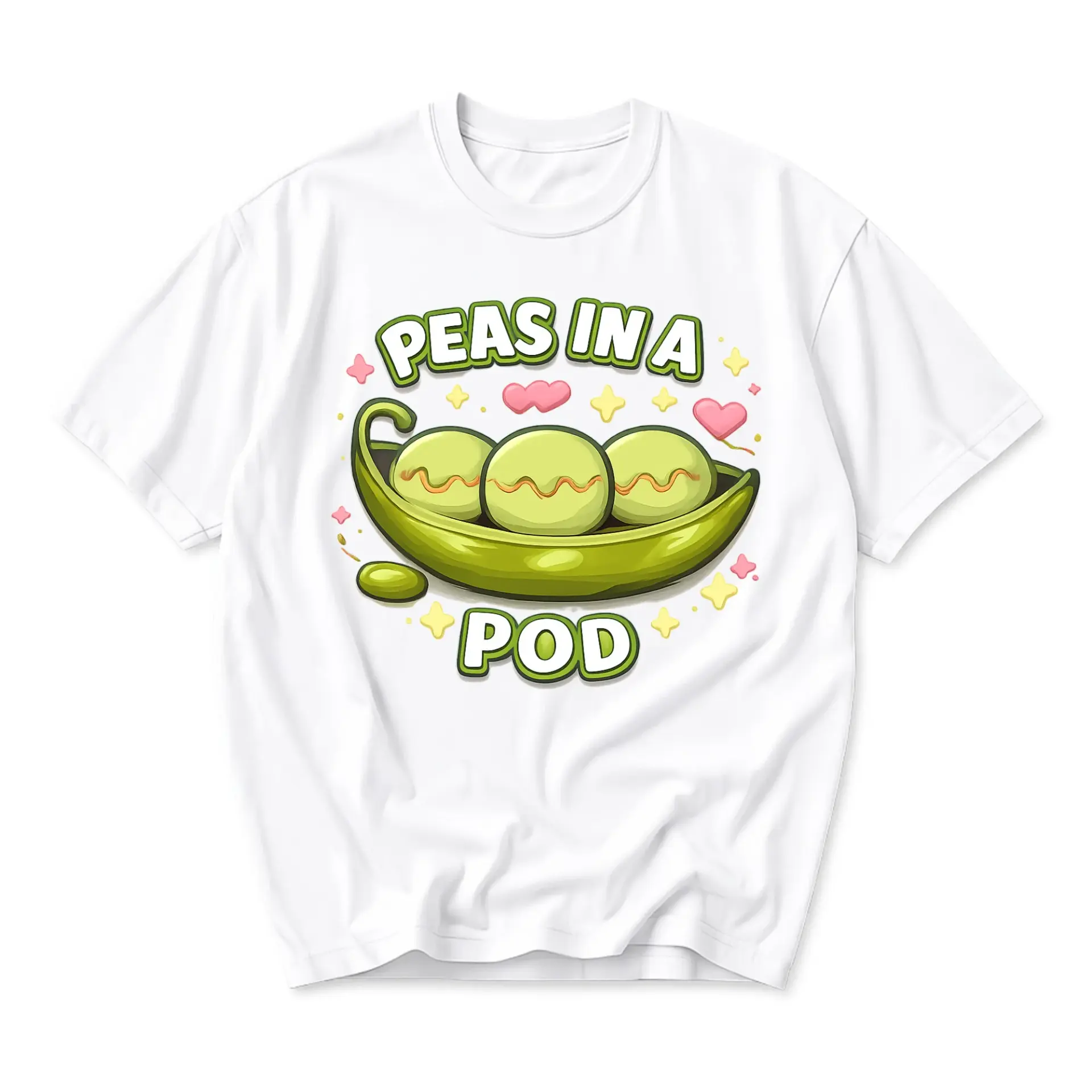 Graphic Tee Peas in a Pod Cute Vegetable Pun Illustration Unisex Short Sleeve Crew Neck Casual Cotton Shirt White