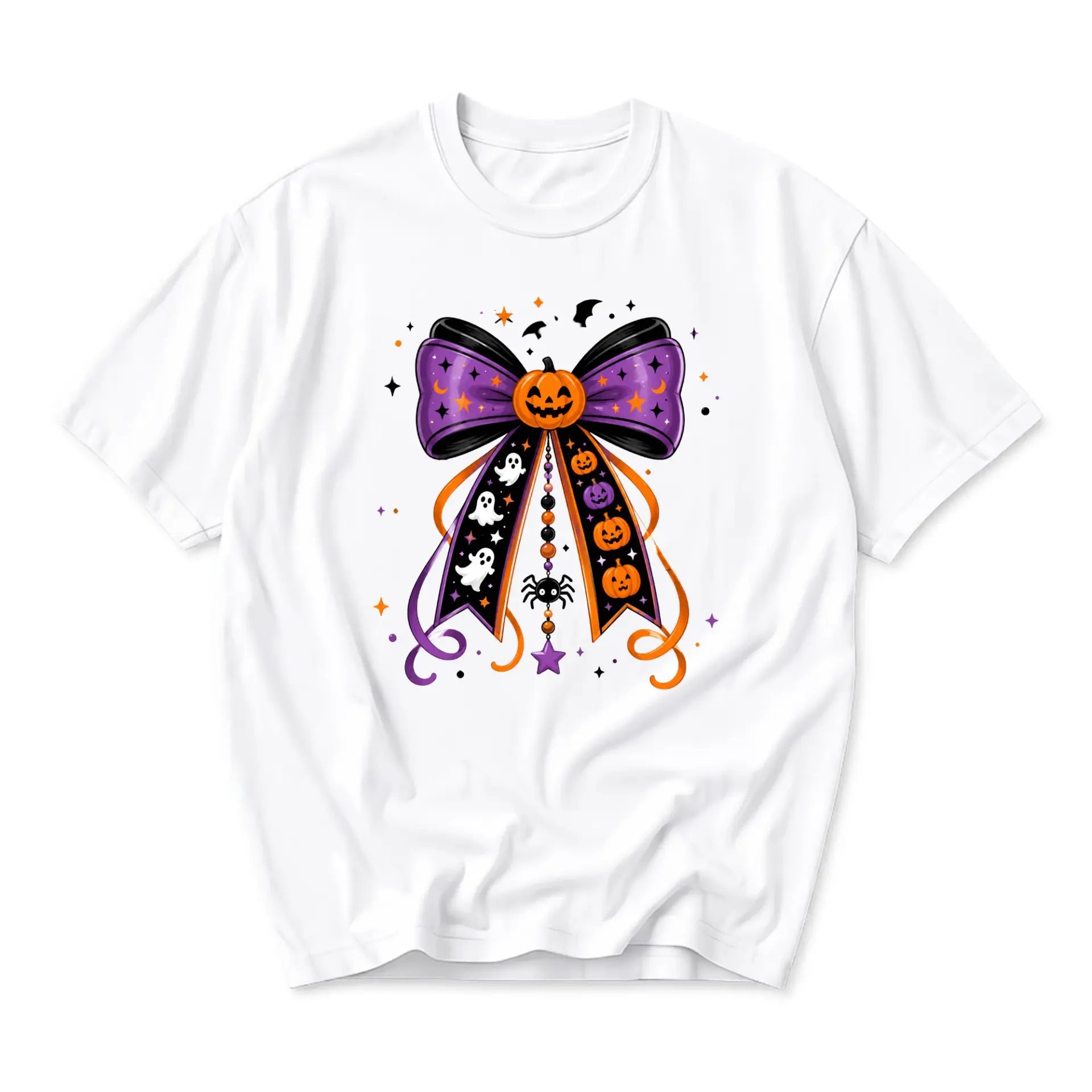 Graphic Tee Unisex Crew Neck Halloween Bow Shirt Featuring Spooky Pumpkin Ghost and Spider Illustration for Casual Wear