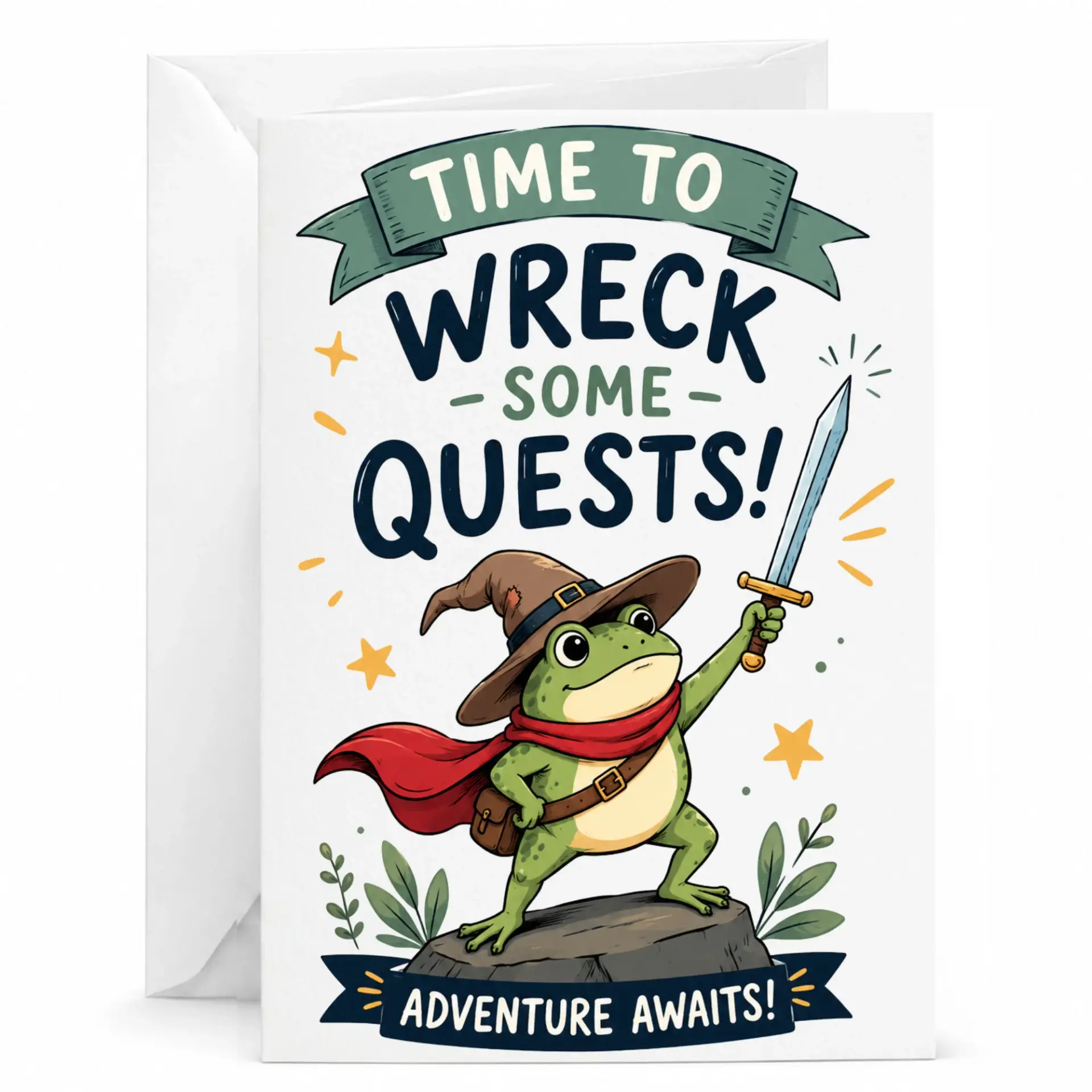 Funny Adventure Greeting Card Featuring Cute Adventurer with Sword and for Birthday or Congratulations