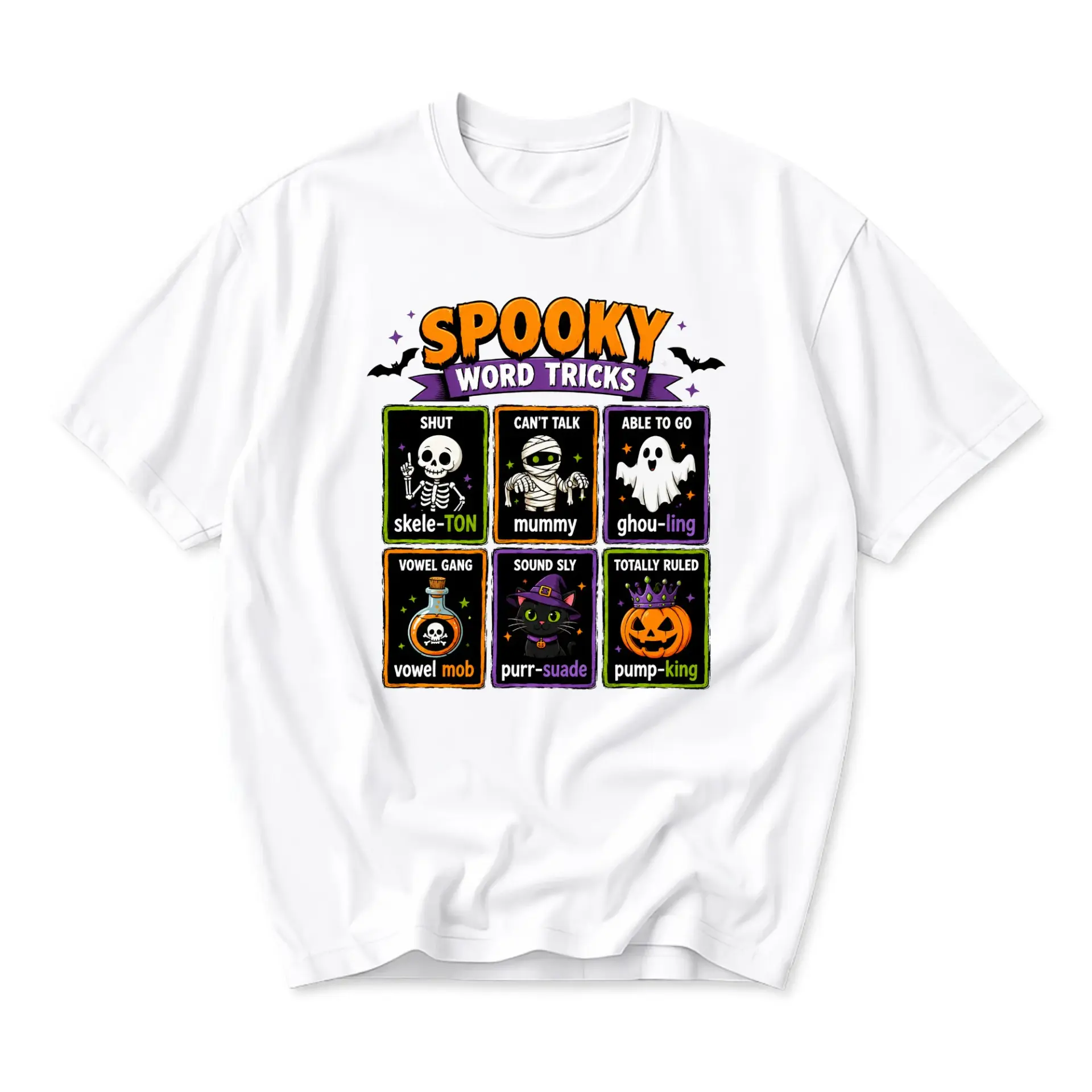 Funny Shirt Spooky Word Tricks Halloween Graphic Tee Unisex Crew Neck Casual Cotton Blend Soft Comfortable Everyday Top