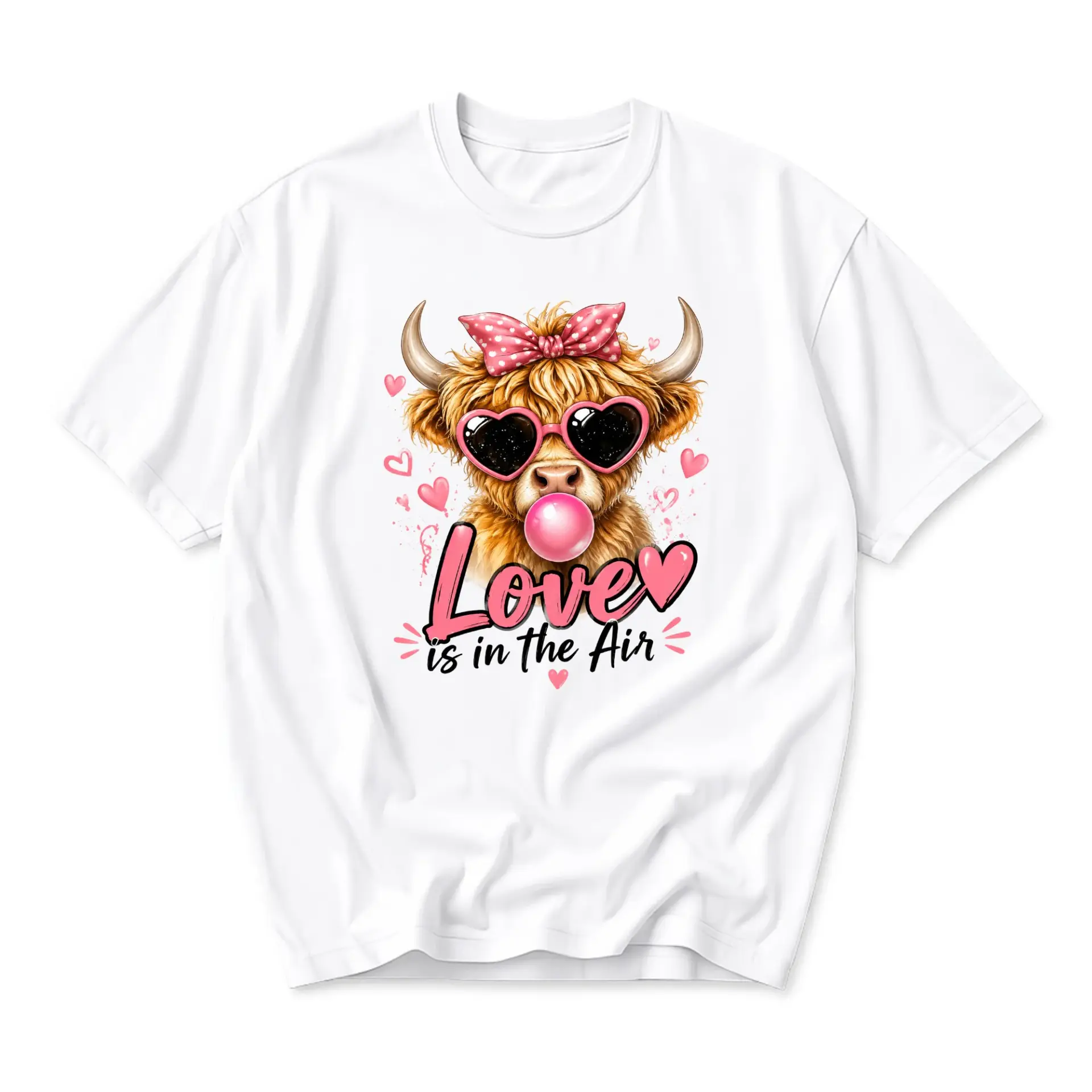 Graphic Tee Love Is in the Air Highland Cow Print Shirt Funny Valentine Animal Lovers Unisex Casual Top White