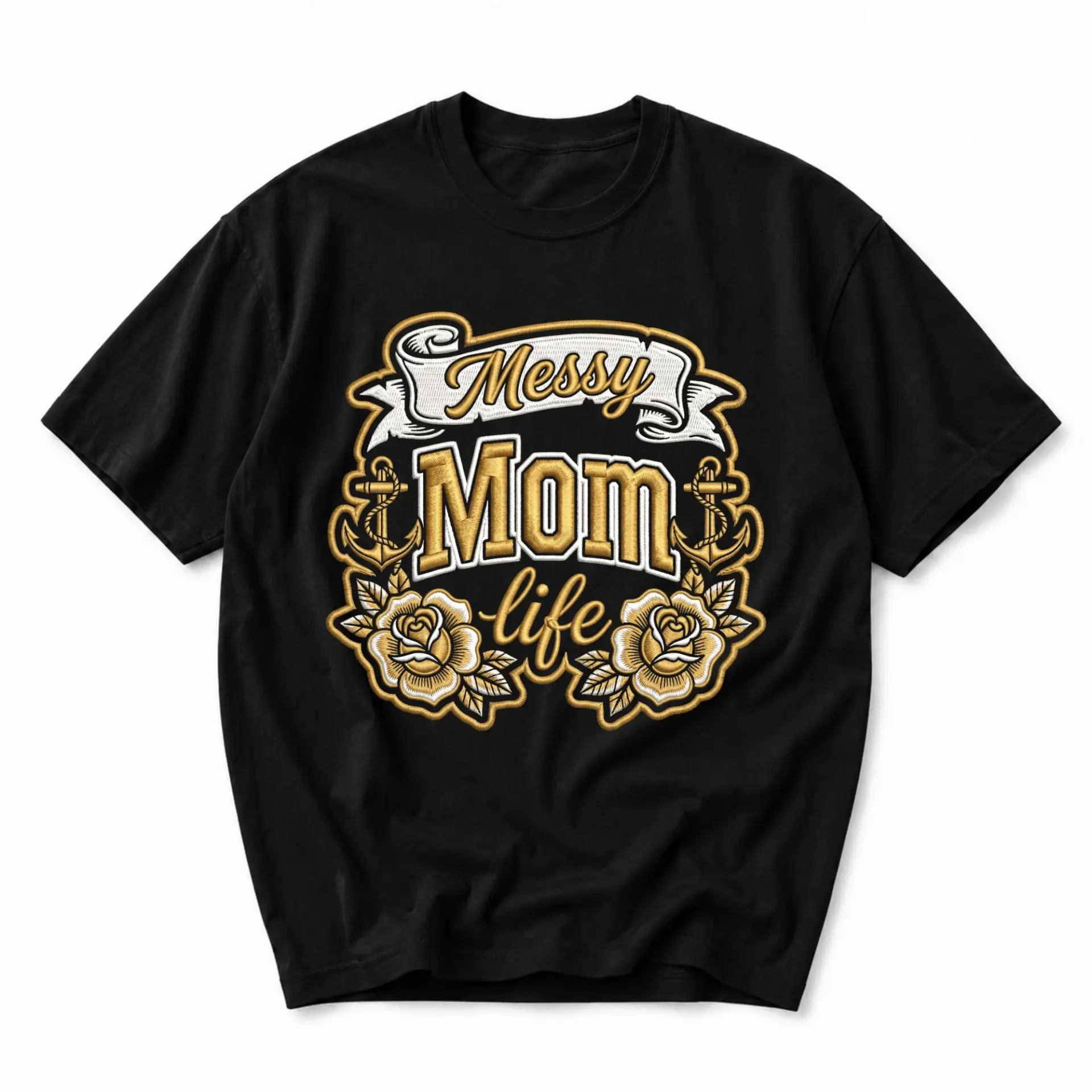 Graphic Tee Messy Mom Life Anchor Rose Print Unisex Short Sleeve Crew Neck Casual Everyday Cotton Blend Shirt Black