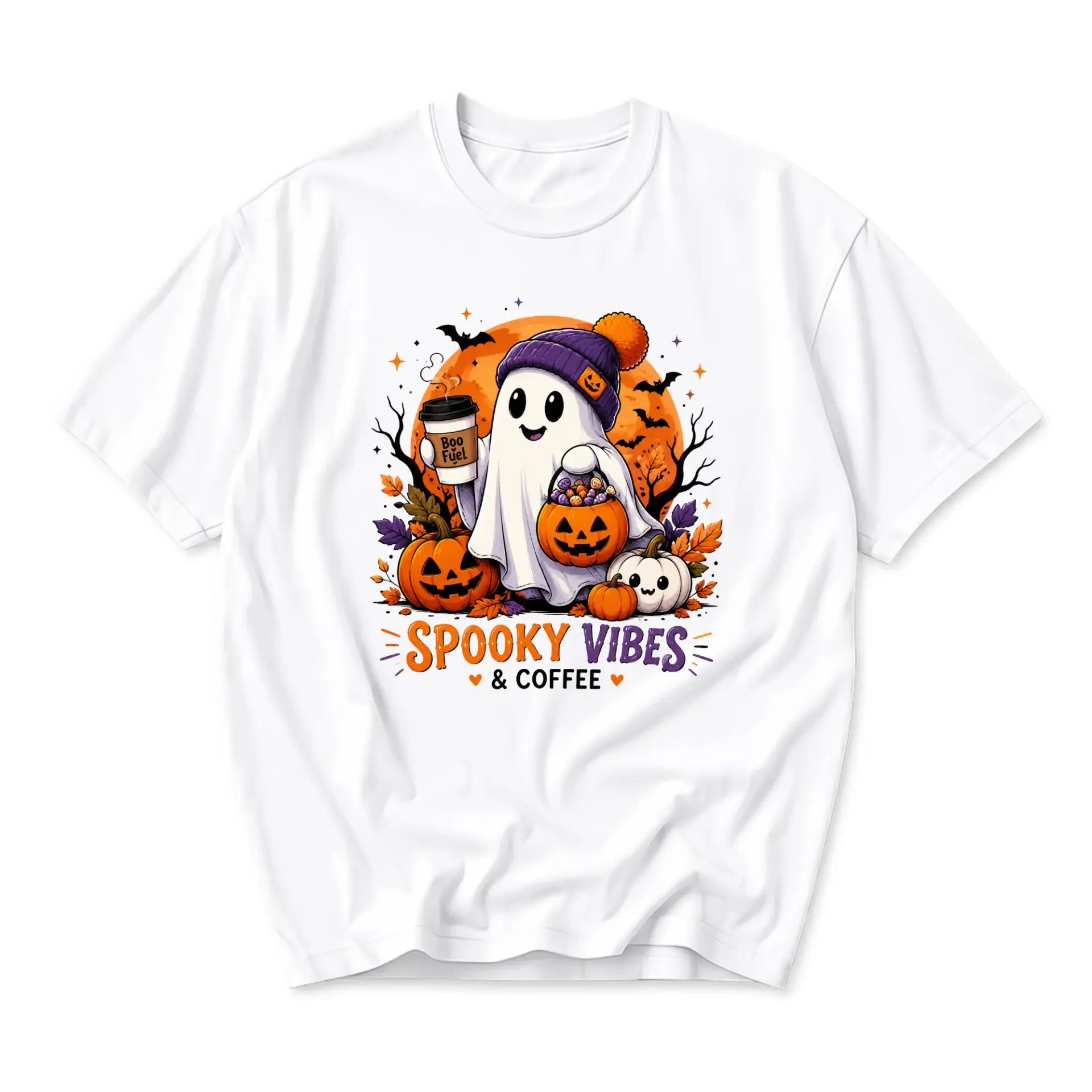 Funny Shirt Spooky Vibes and Coffee Ghost Pumpkin Graphic Tee Casual Unisex Crew Neck Short Sleeve Cotton Blend Top
