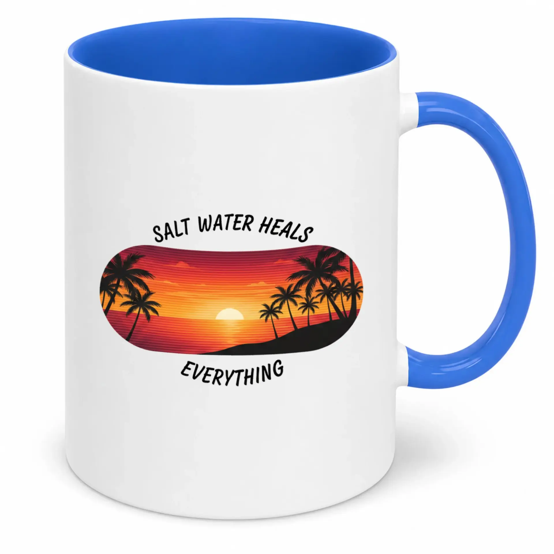 Ceramic Coffee Mug Tropical Beach Sunset Design with Trees ' Water Heals Everything' Text Blue Handle and Interior 11oz or 15oz