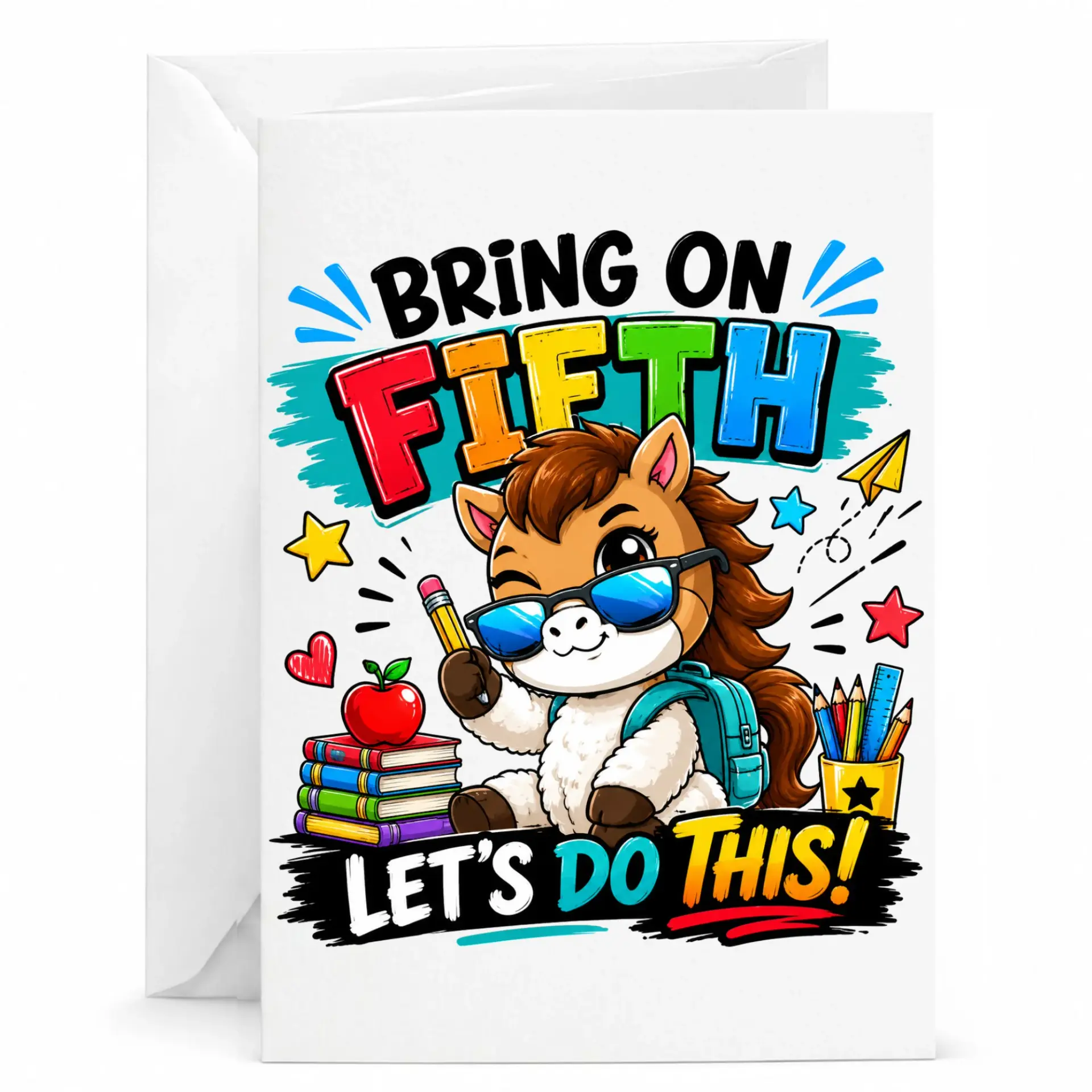 Funny Fifth Greeting Card School for Students Featuring Cartoon Animal with Supplies 5x7 Inches
