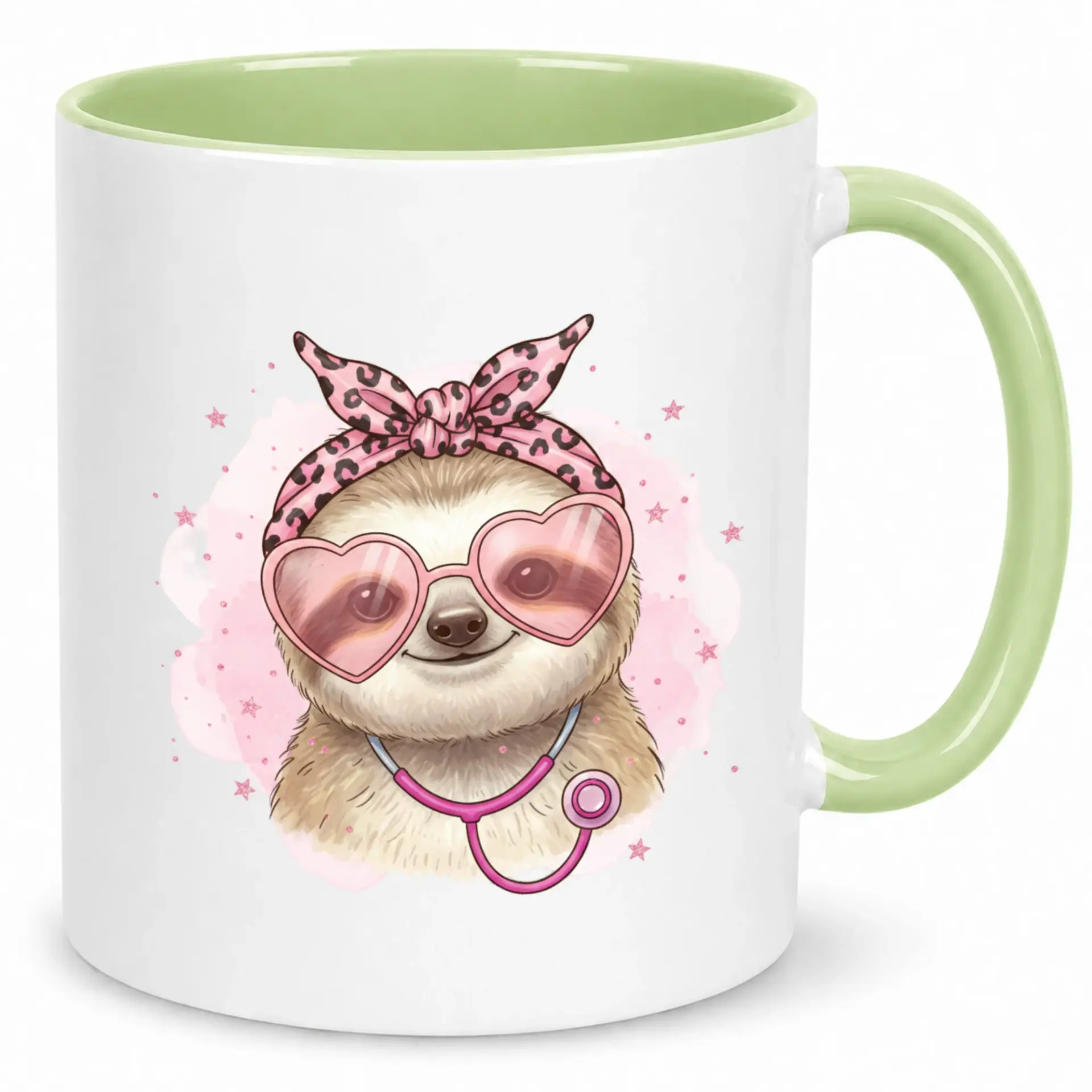 Funny Coffee Mug with Cute Sloth Wearing Pink Heart Sunglasses and Stethoscope - Unique Ceramic Cup for Animal Lovers