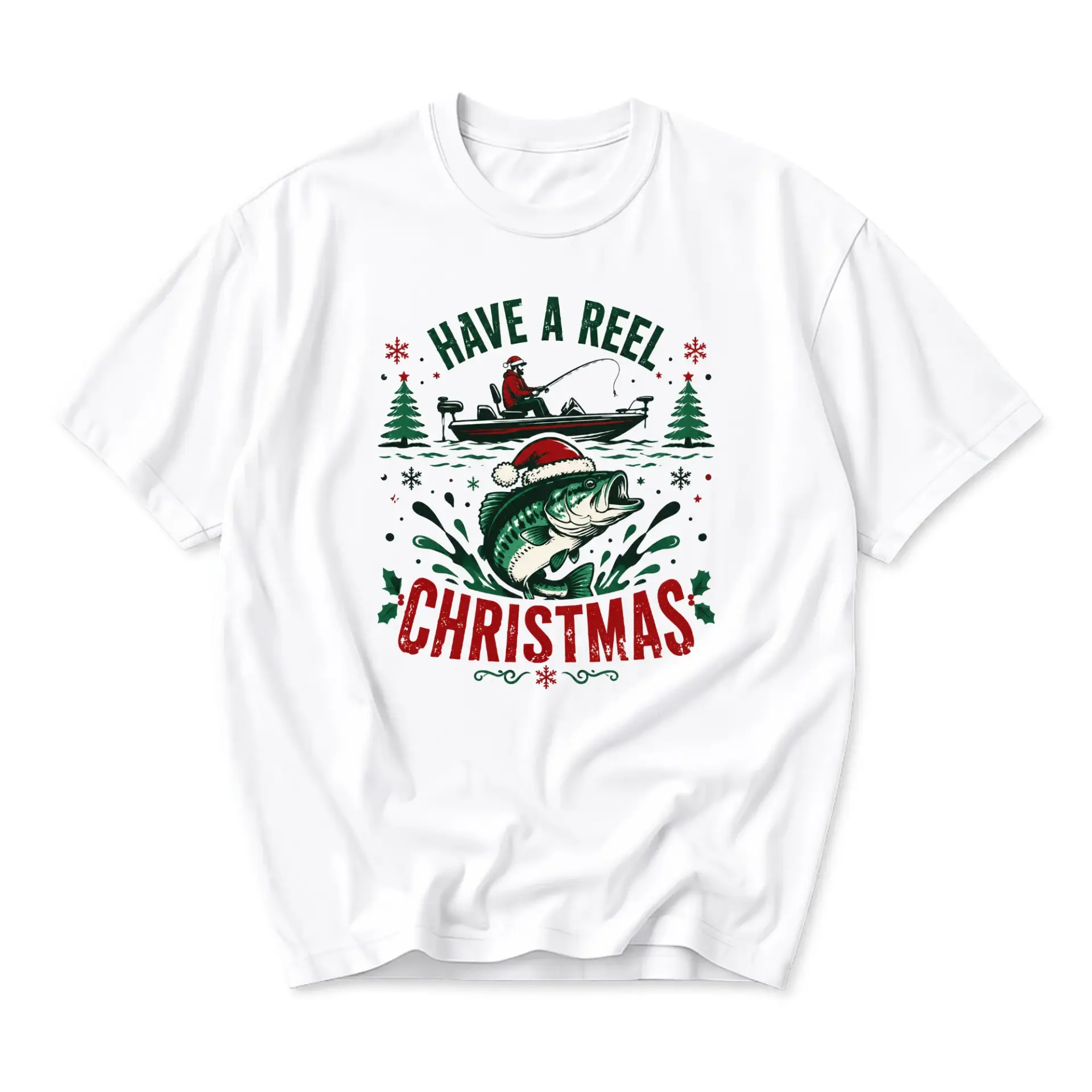 Funny Shirt Have a Reel Christmas Fishing Graphic Tee Unisex Short Sleeve Cotton Crew Neck Holiday Apparel White Top