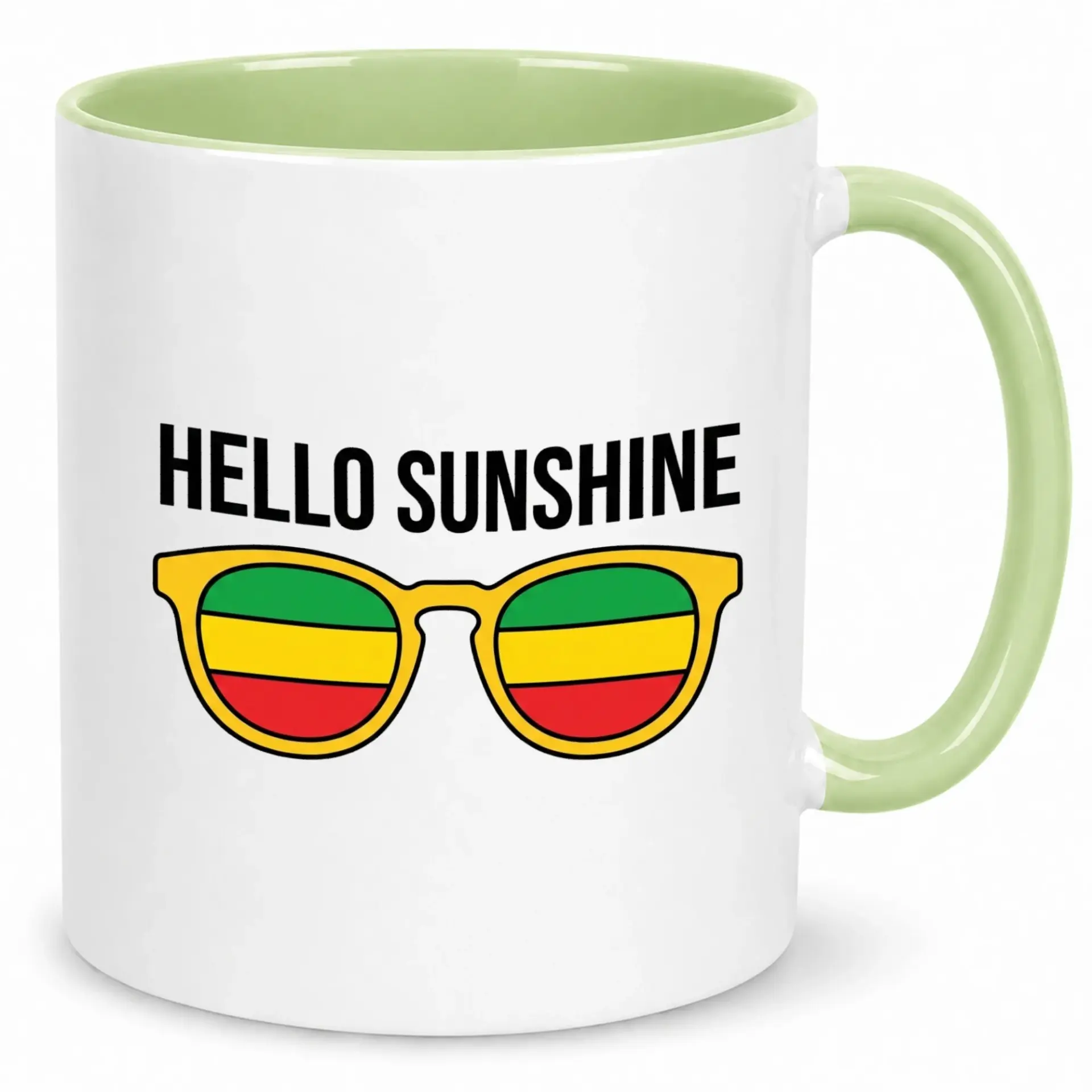 Hello Sunshine Ceramic Coffee Mug, Premium White 11oz or 15oz Cup, Green Yellow Red Sunglasses Design for Drinks