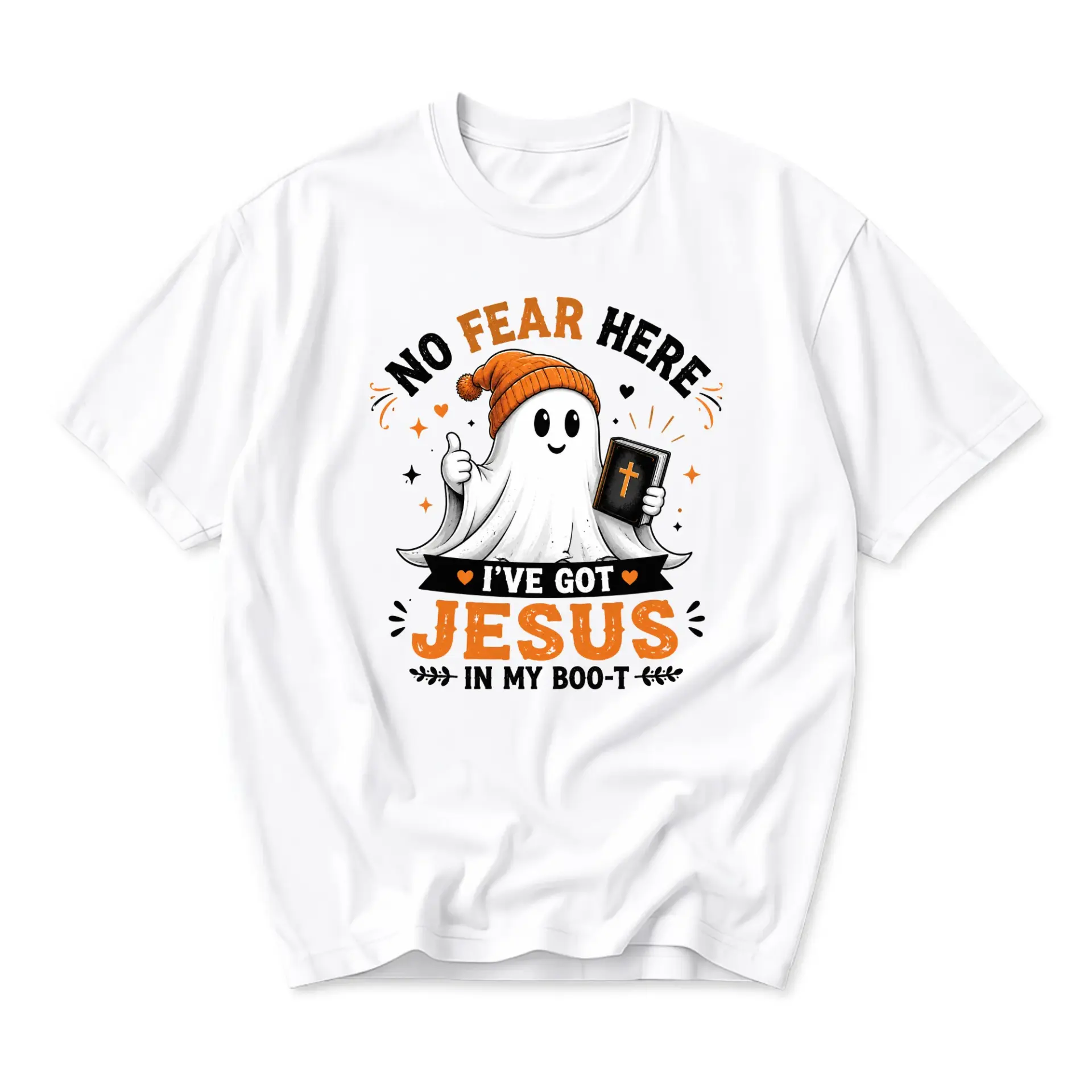 Funny Shirt No Fear Here Ghost Graphic Tee Religious Faith Based Spiritual Unisex Crew Neck Casual Cotton Top