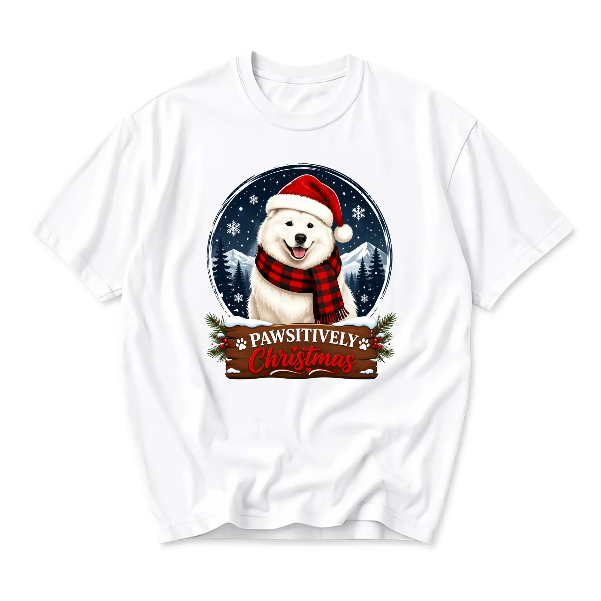 Graphic Tee Pawsitively Christmas Samoyed Dog Santa Hat Holiday Unisex Crew