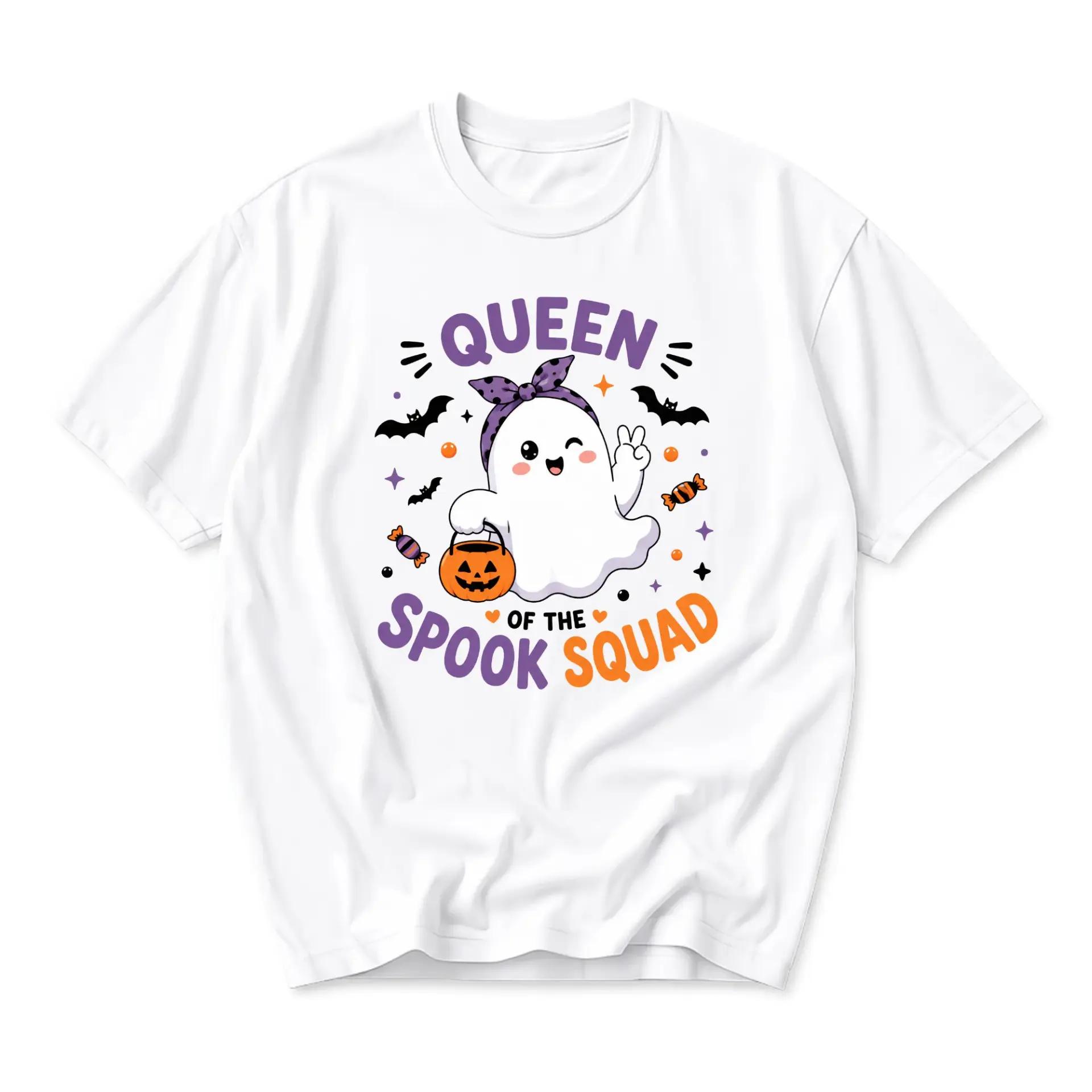 Graphic Tee Queen of the Spook Squad Cute Ghost Print Unisex Crew Neck Casual Everyday Holiday Apparel for Adults