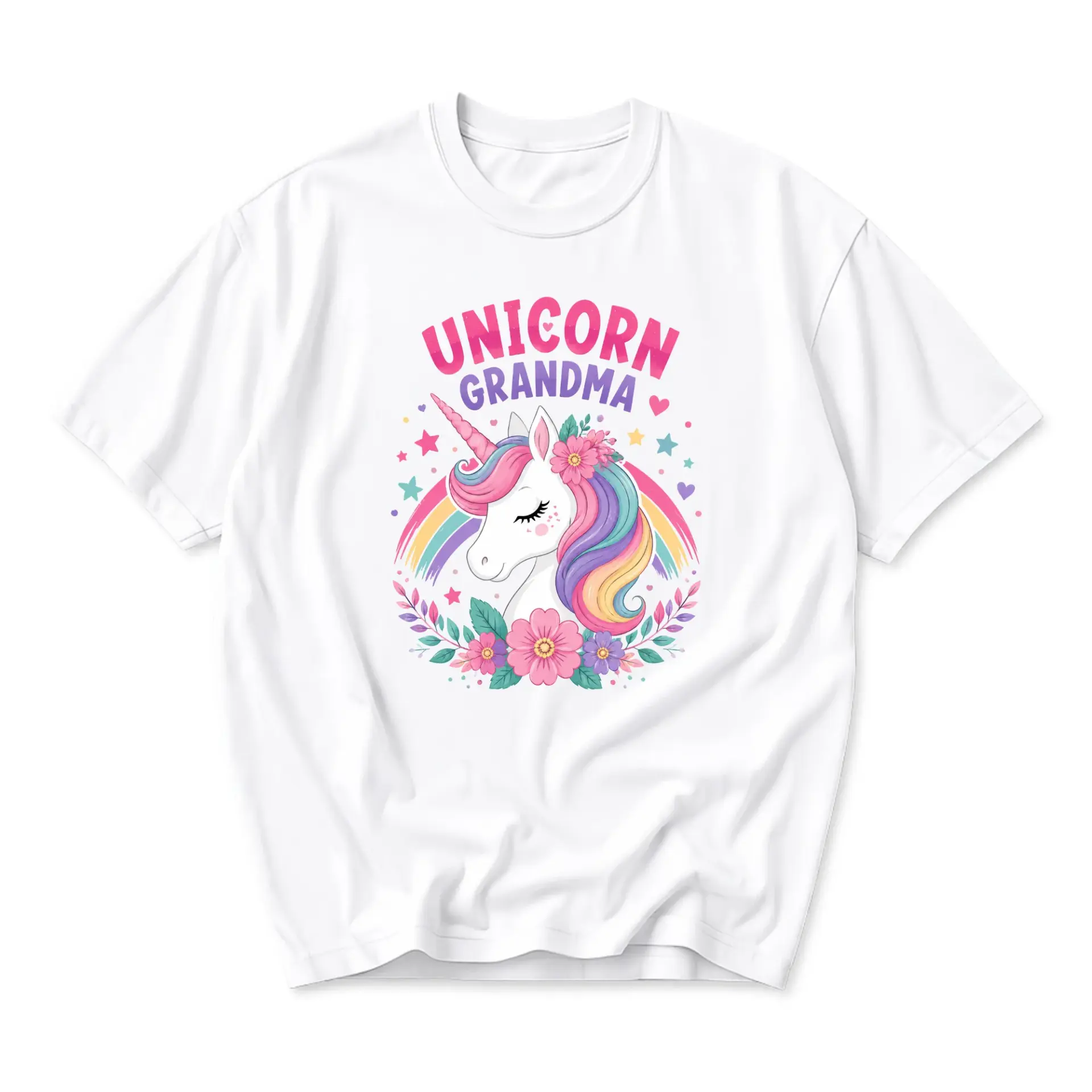 Graphic Tee Unicorn Grandma Floral Rainbow Print Unisex Crew Neck Cotton
