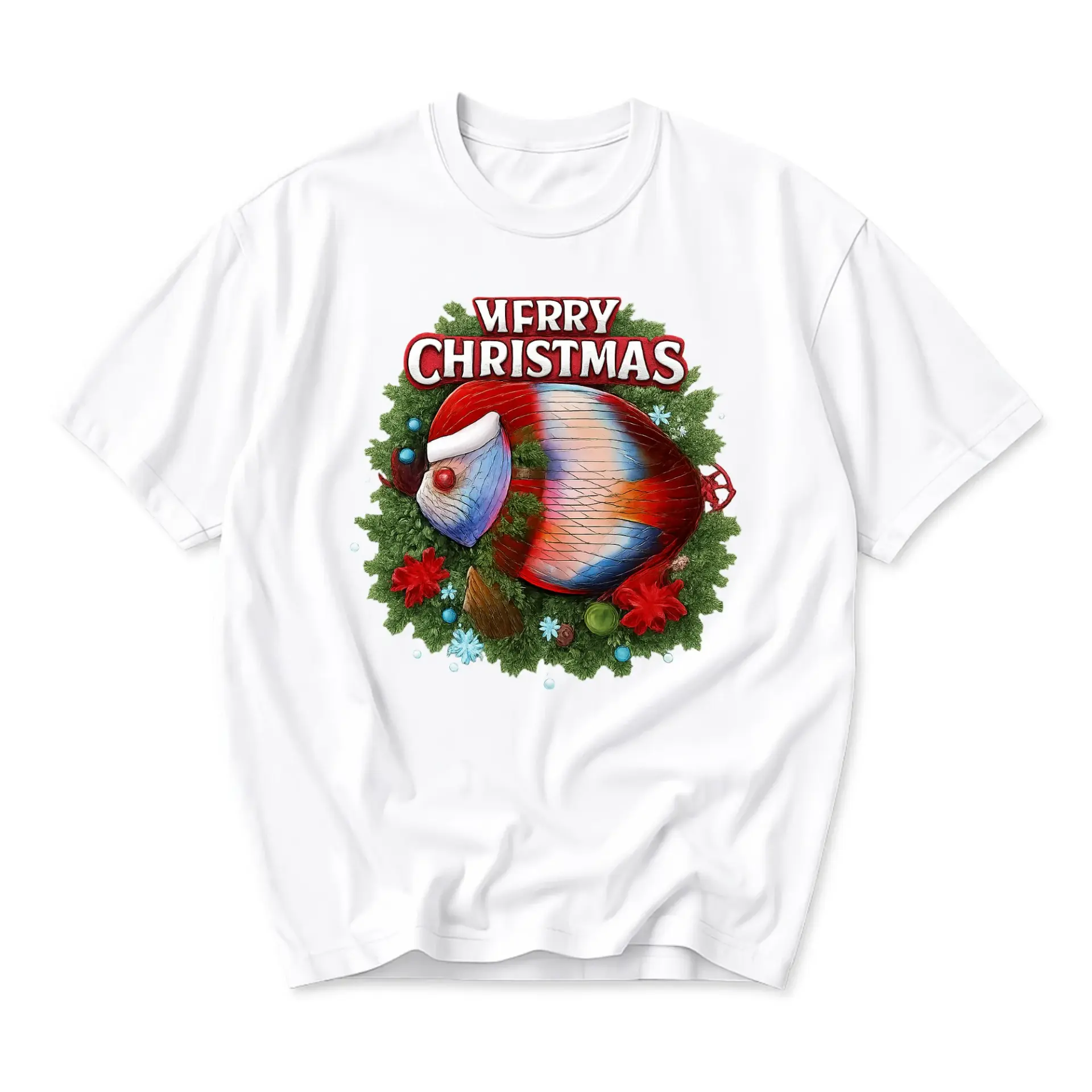 Graphic Tee Merry Christmas Fish Wearing Santa Hat Unisex Holiday Crew Neck