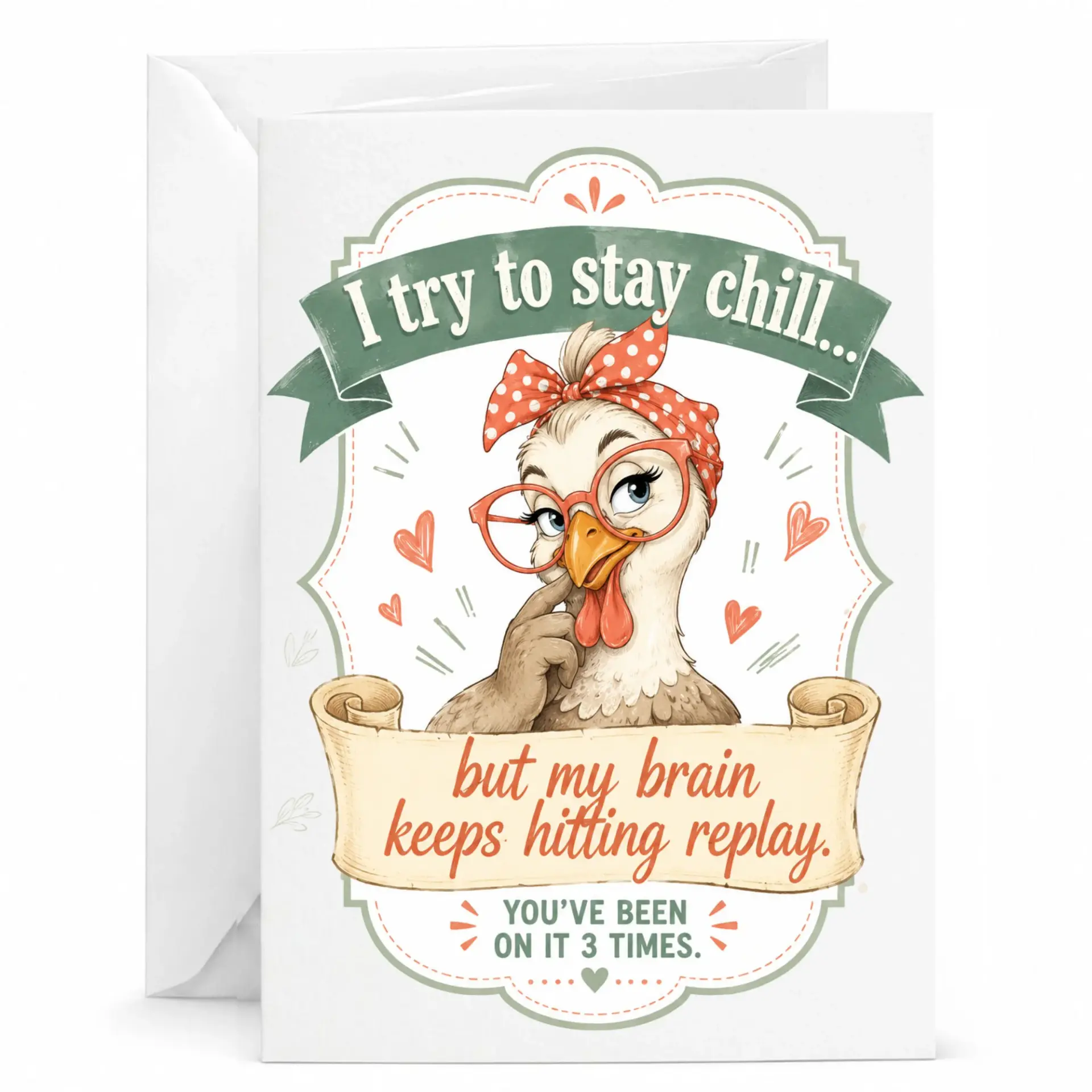 Funny Chicken Greeting Card with Envelope Retro Illustration Featuring Whimsical Bird in Polka Dot and Glasses