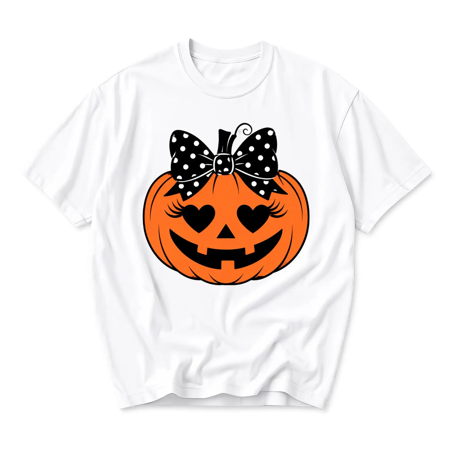 Graphic Tee Pumpkin Face with Polka Dot Bow Unisex Crew Neck Shirt for Seasonal Casual Everyday Wear and Festive Style