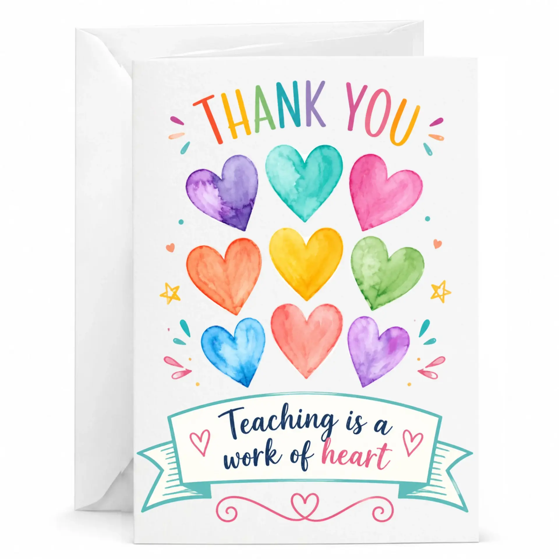 Card Teaching Is a Work of Heart Watercolor Hearts Greeting for Appreciation and Encouragement Gift