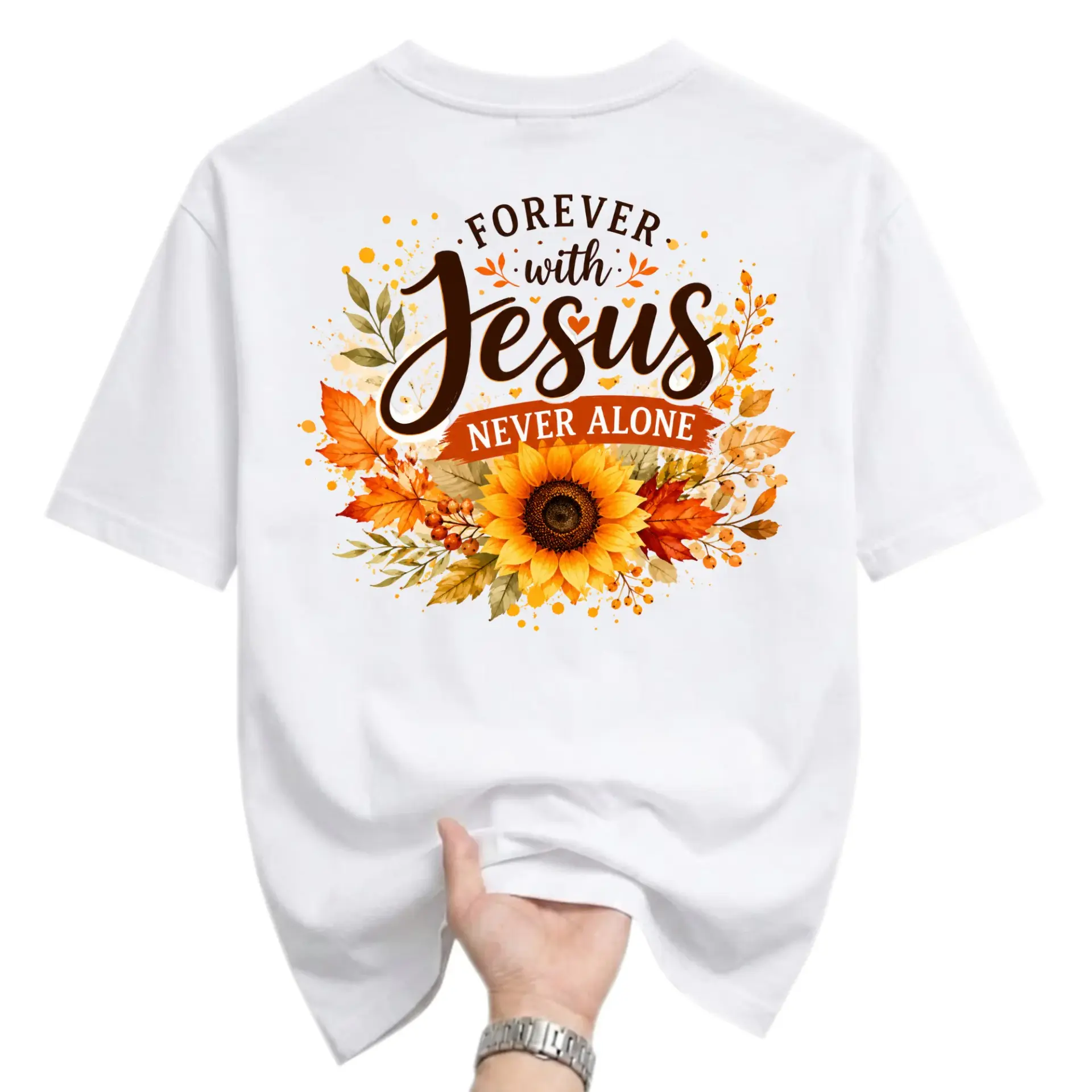 Graphic Tee Forever with Jesus Never Alone Sunflower Fall Leaves Inspirational Christian Unisex Casual Crew Neck Shirt