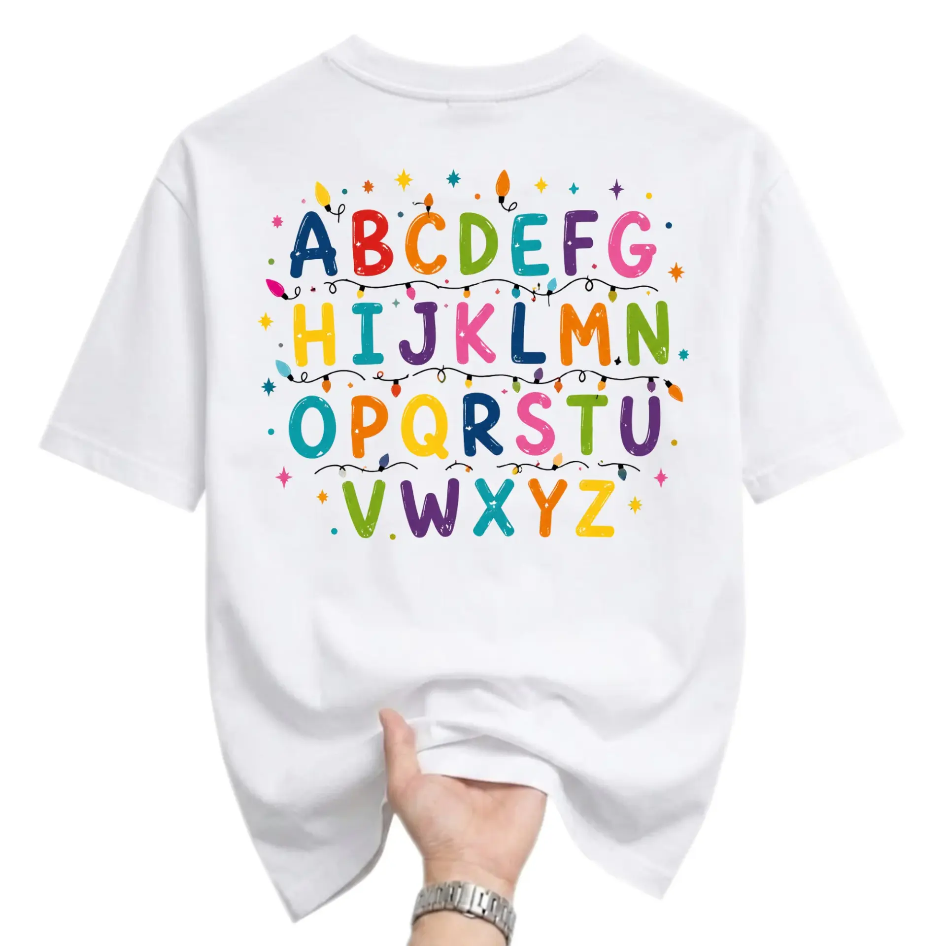 Graphic Tee Alphabet Letters Design with Colorful Festive Holiday Lights