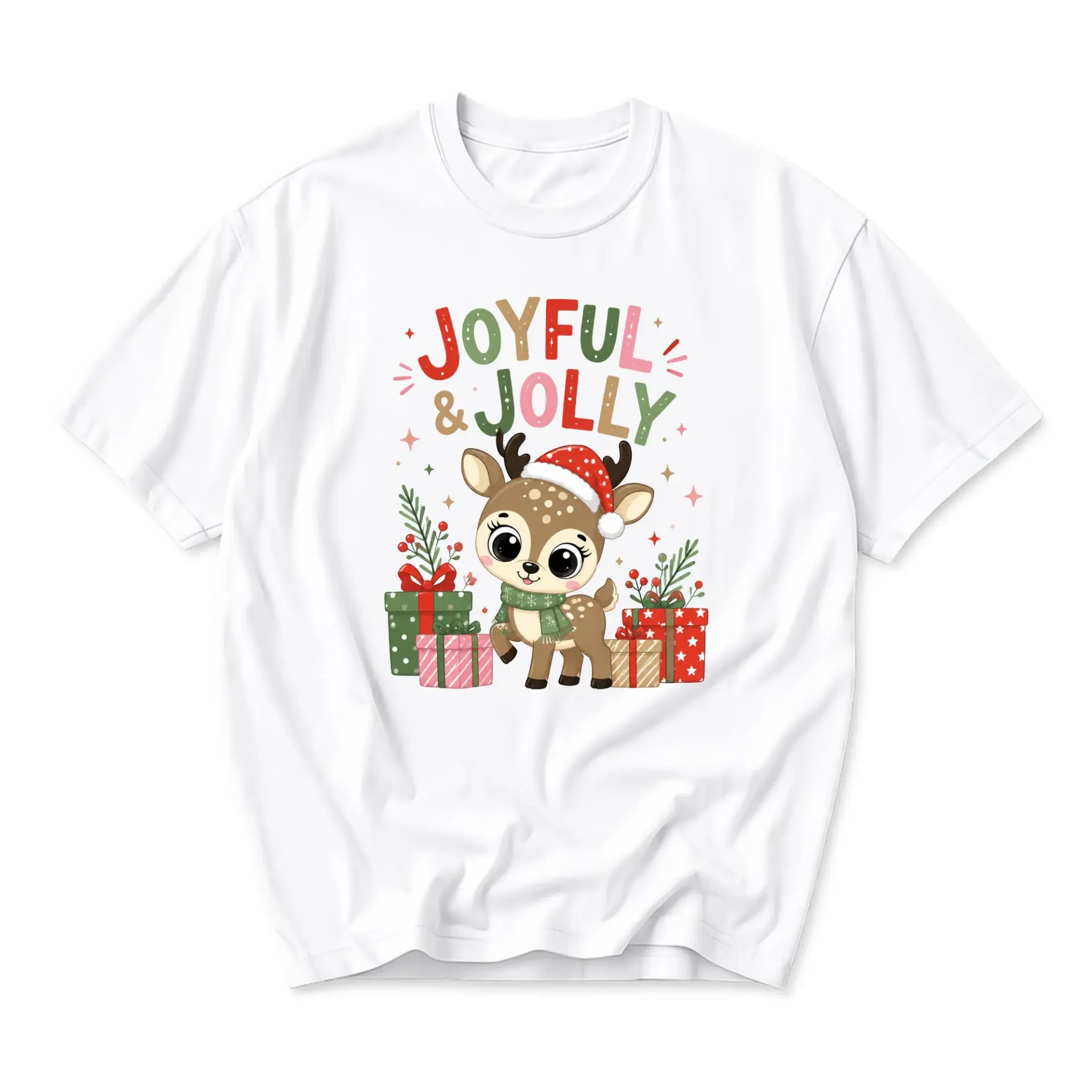 Graphic Tee Joyful and Jolly Cute Reindeer Print Unisex Casual Crew Neck T-Shirt Soft Cotton Blend Holiday Holiday Apparel