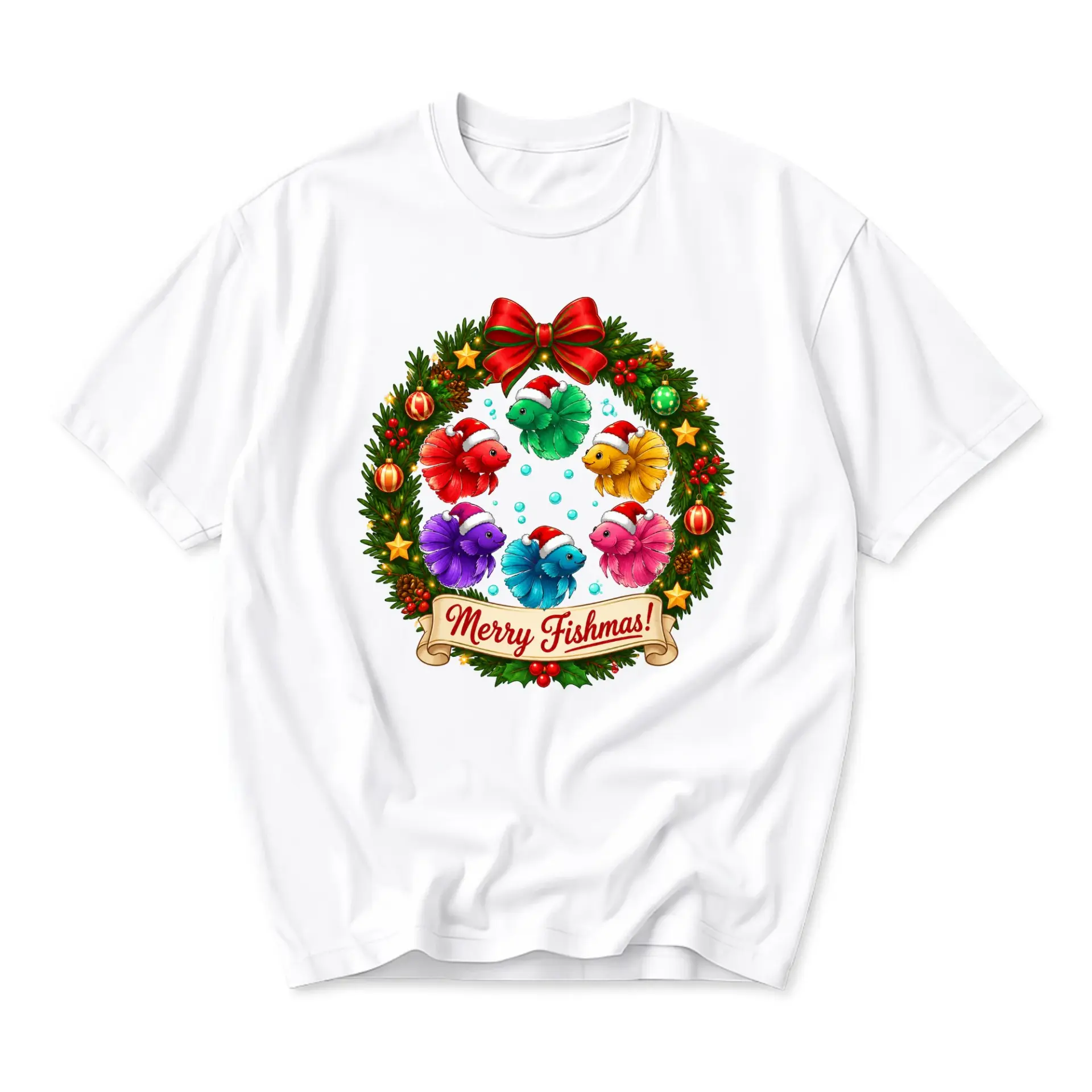 Funny Shirt Merry Fishmas Holiday Graphic Tee Featuring Colorful Fish in