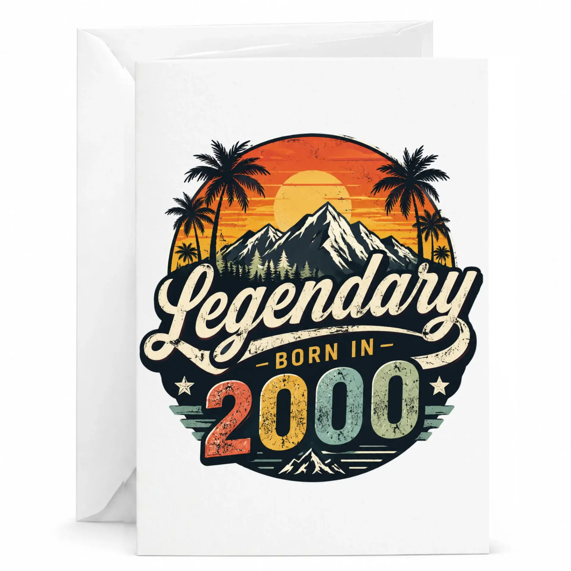 Birthday Card Legendary Born in 2000 Vintage Retro Sunset Mountain Design Greeting Card with Matching White Envelope