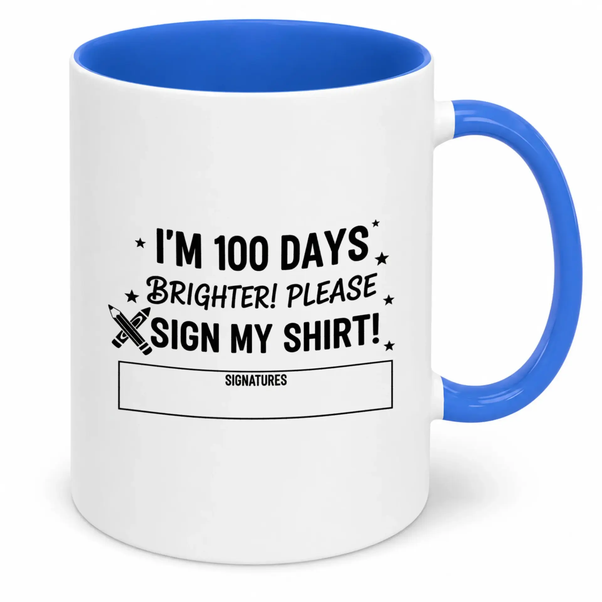 100 Days Brighter Celebration Ceramic Coffee Mug with Signature Area and Blue Handle for Milestone Achievement Gift