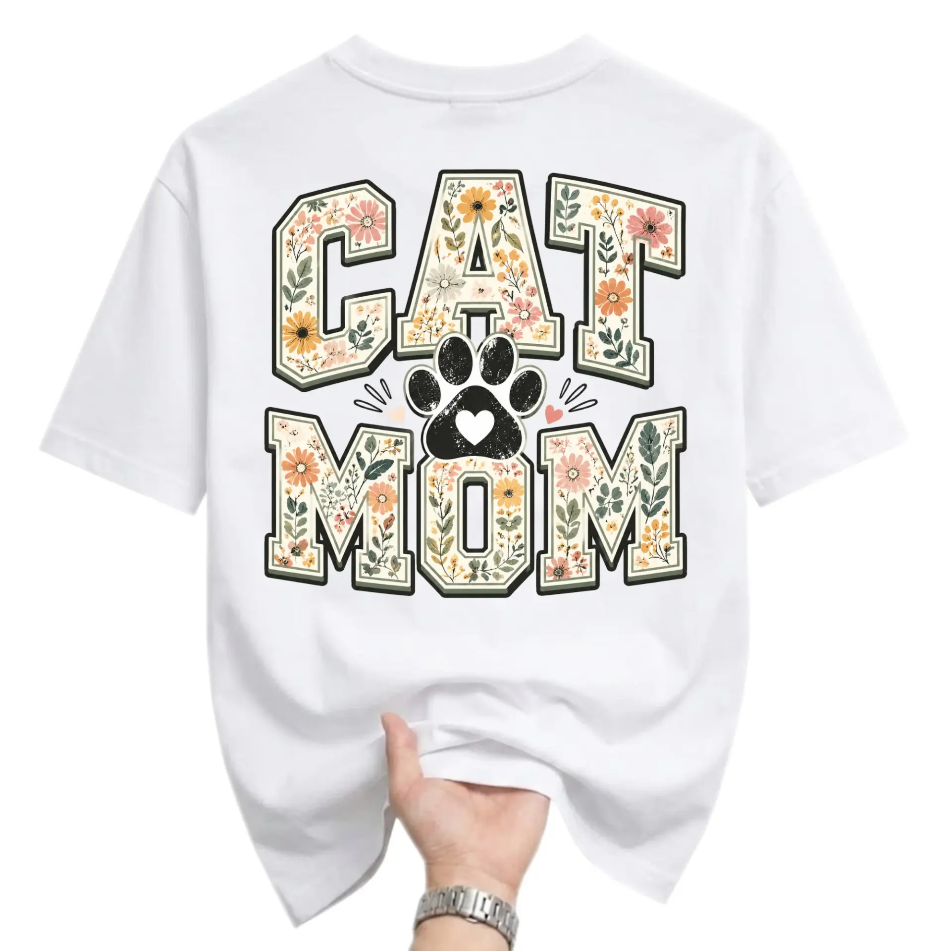 Graphic Tee Cat Mom Shirt Floral Lettering Casual Unisex Crew Neck Top for
