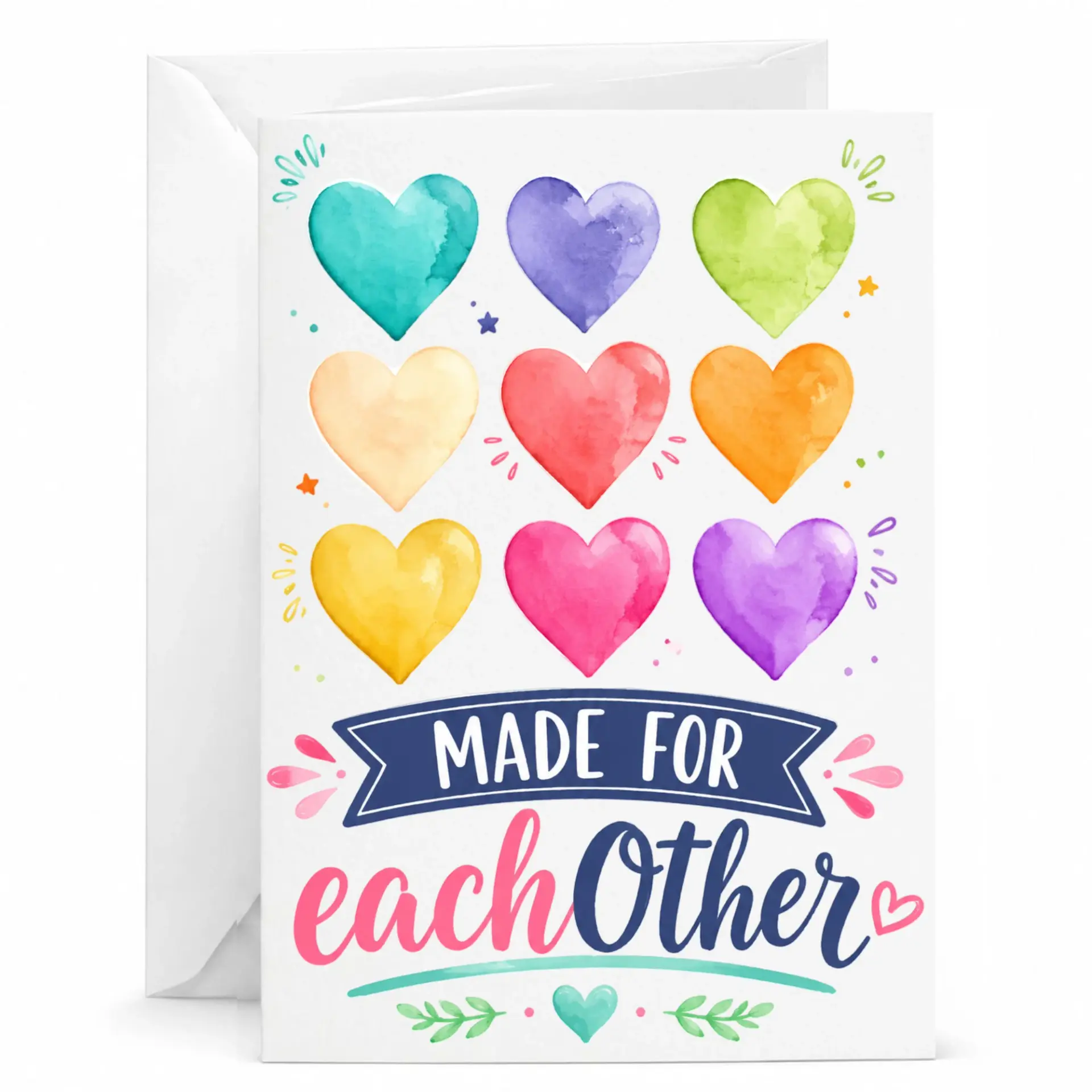 Greeting Card Colorful Watercolor Hearts Design Romantic Occasion Stationery with Matching Envelope