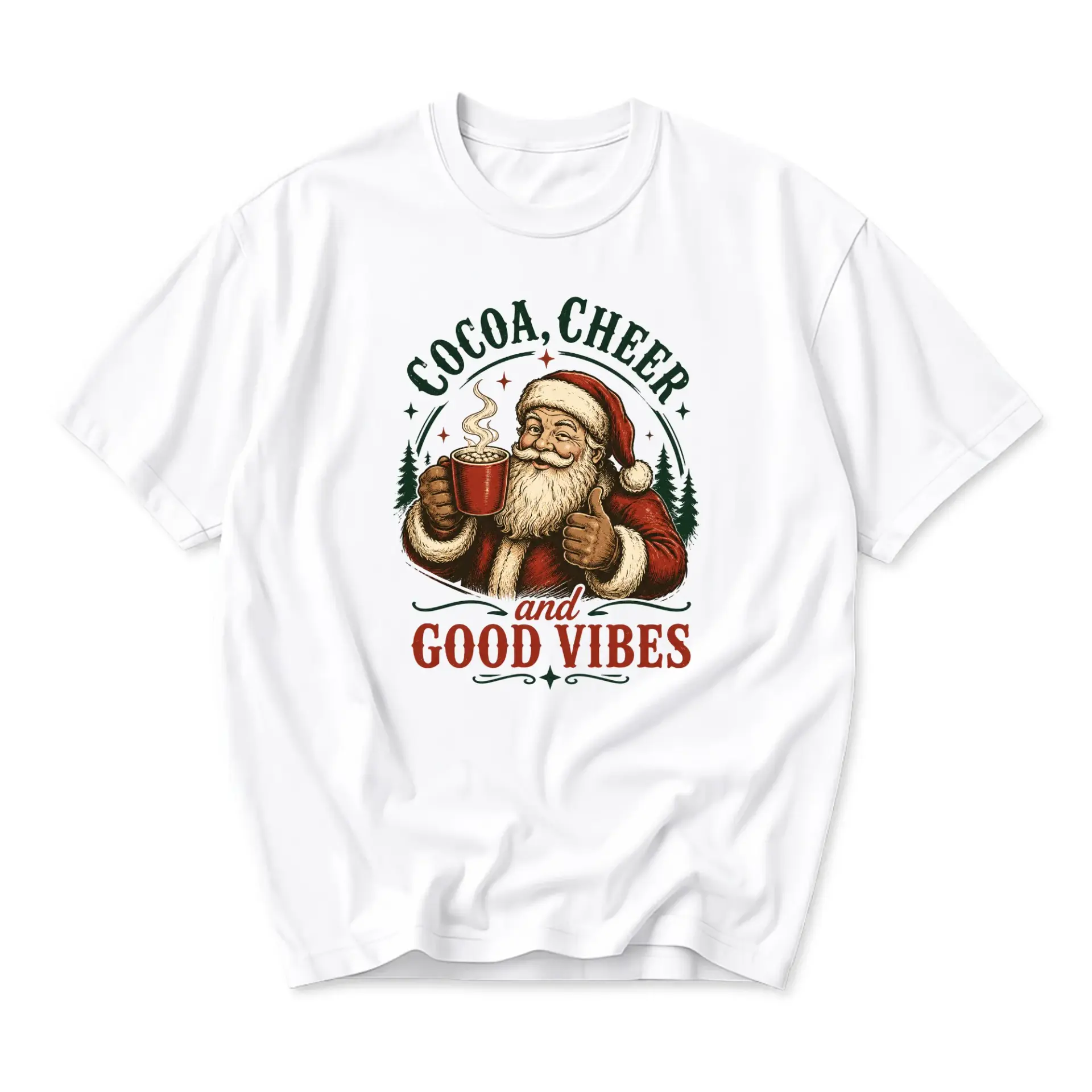Funny Shirt Holiday Graphic Tee Featuring Smiling Santa Claus Drinking Hot Cocoa and Festive Seasonal Typography Art