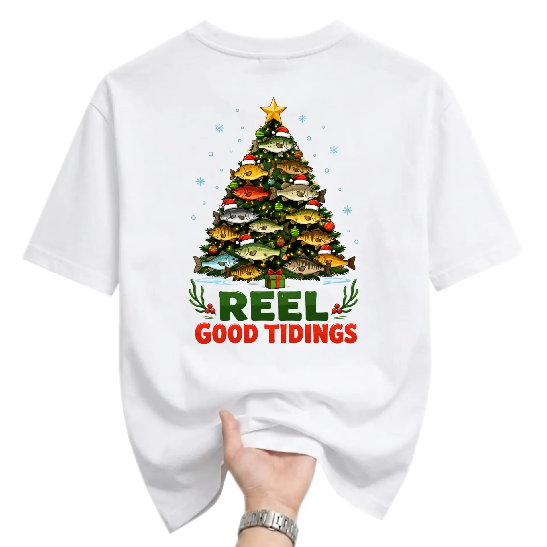 Graphic Tee Reel Good Tidings Christmas Tree Fishing Design Unisex Casual Crew Neck Soft Cotton Blend Apparel